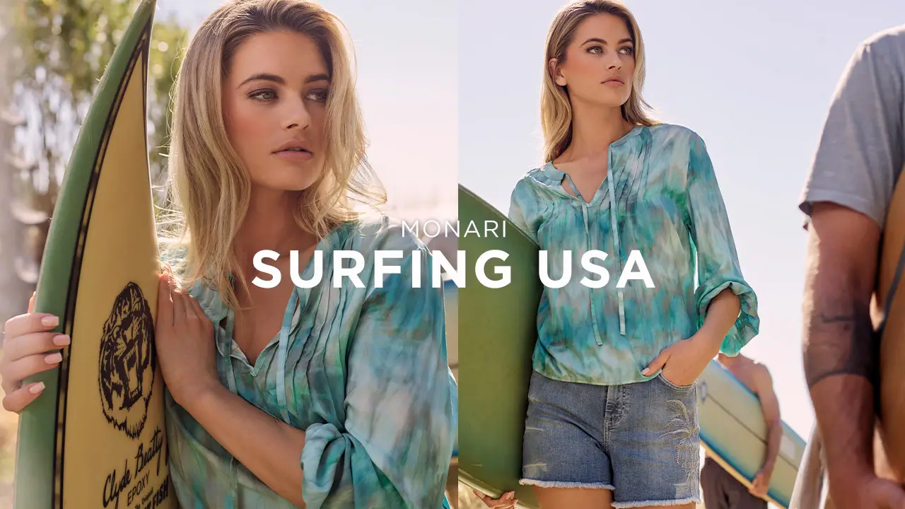 Woman in a blue-green blouse holding a surfboard with 'Surfing USA' text overlay.