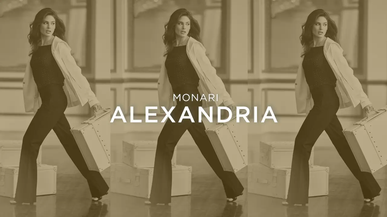 Fashionable woman walking indoors carrying a suitcase, with text 'Monari Alexandria' overlay.