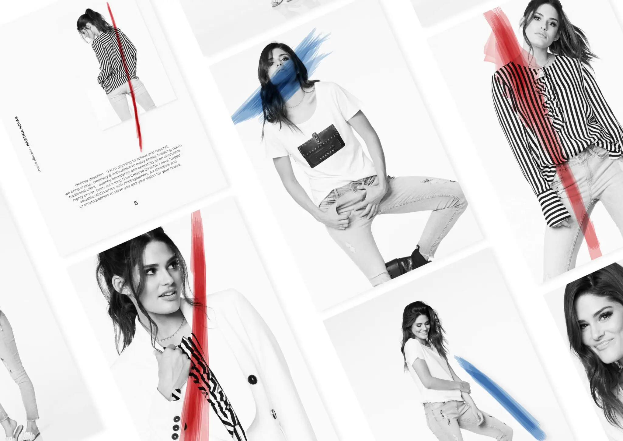 Collage of a woman in various black-and-white fashion poses with red and blue paint streaks across some images.