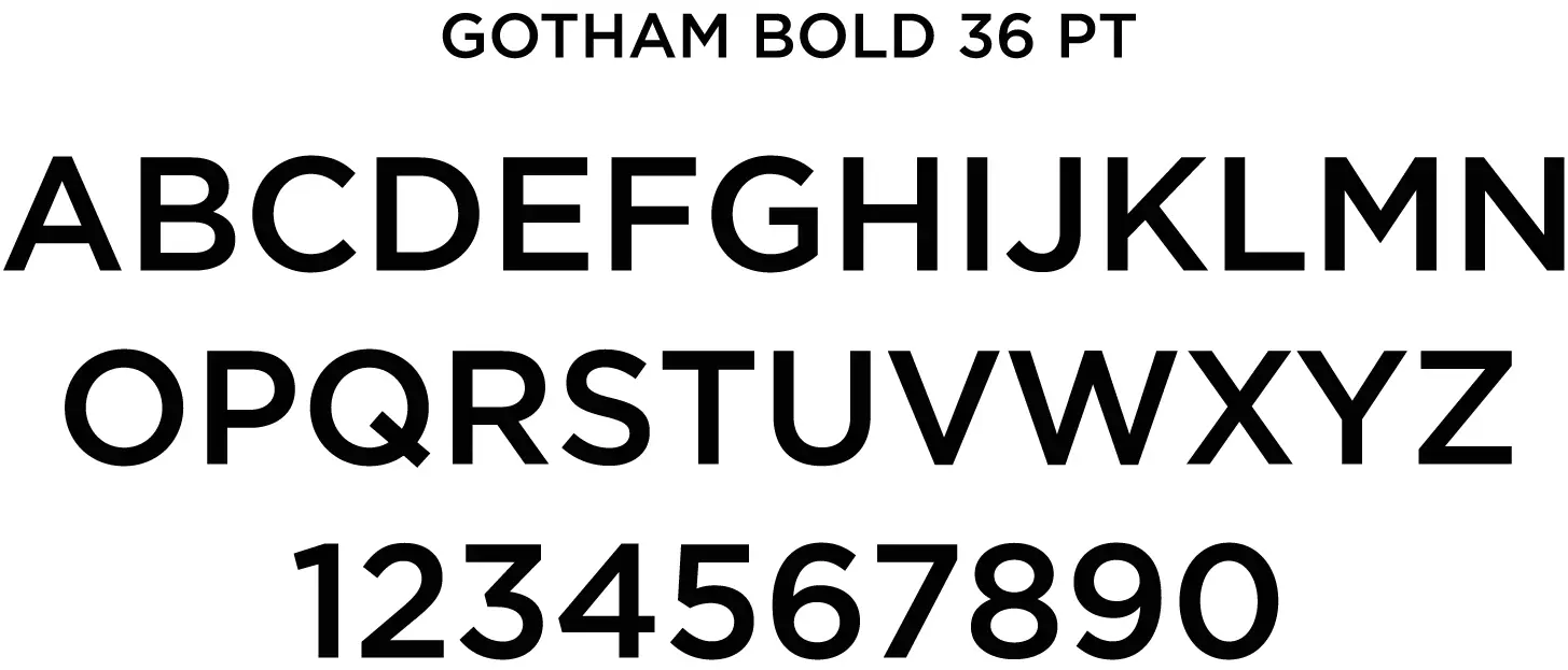Uppercase alphabet and numbers 0 to 9 displayed in Gotham Bold font at 36 point size.