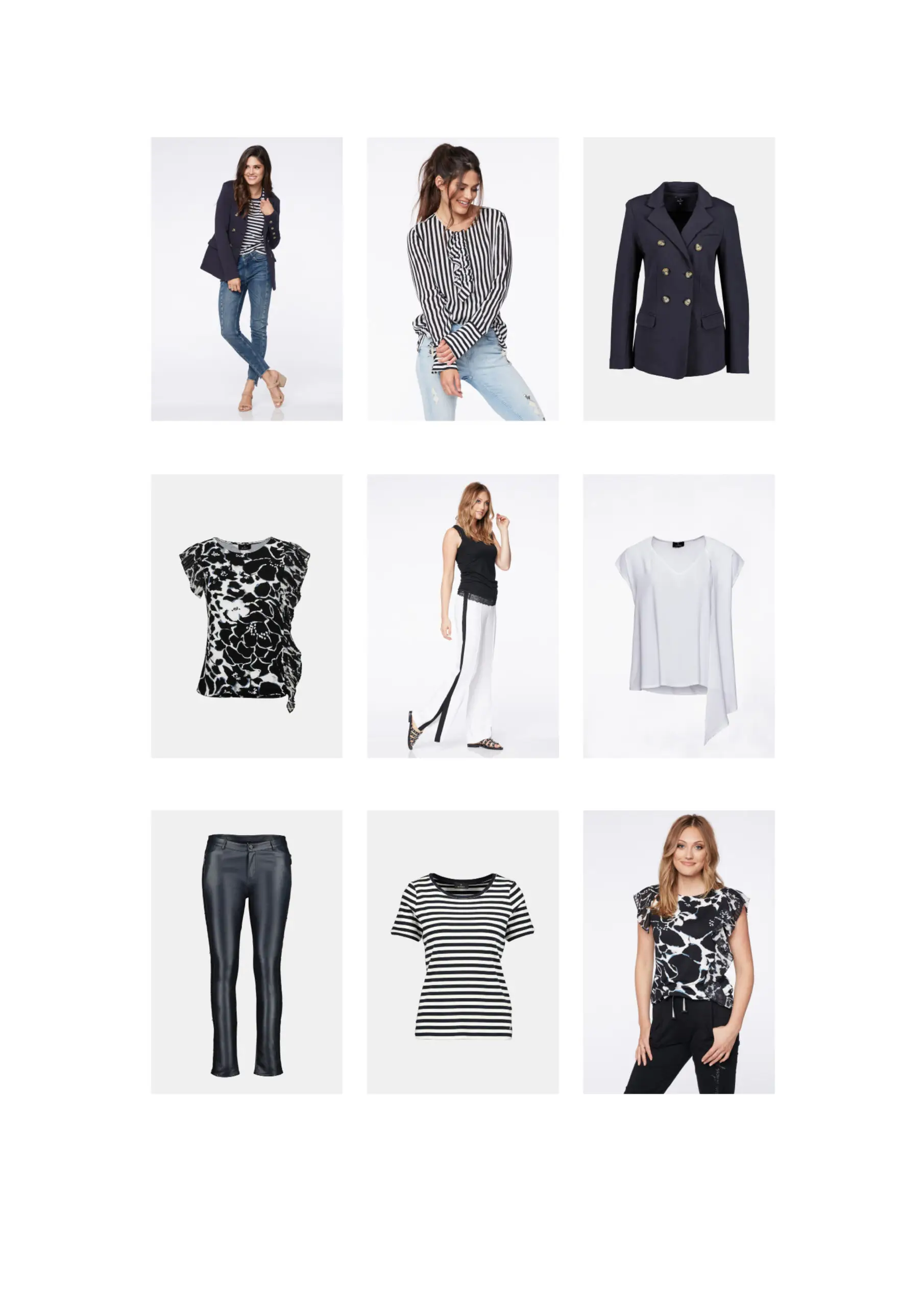 Grid showing nine images of women’s clothing including striped tops, black blazer, patterned blouses, white pants with black stripes, black pants, and blue jeans.