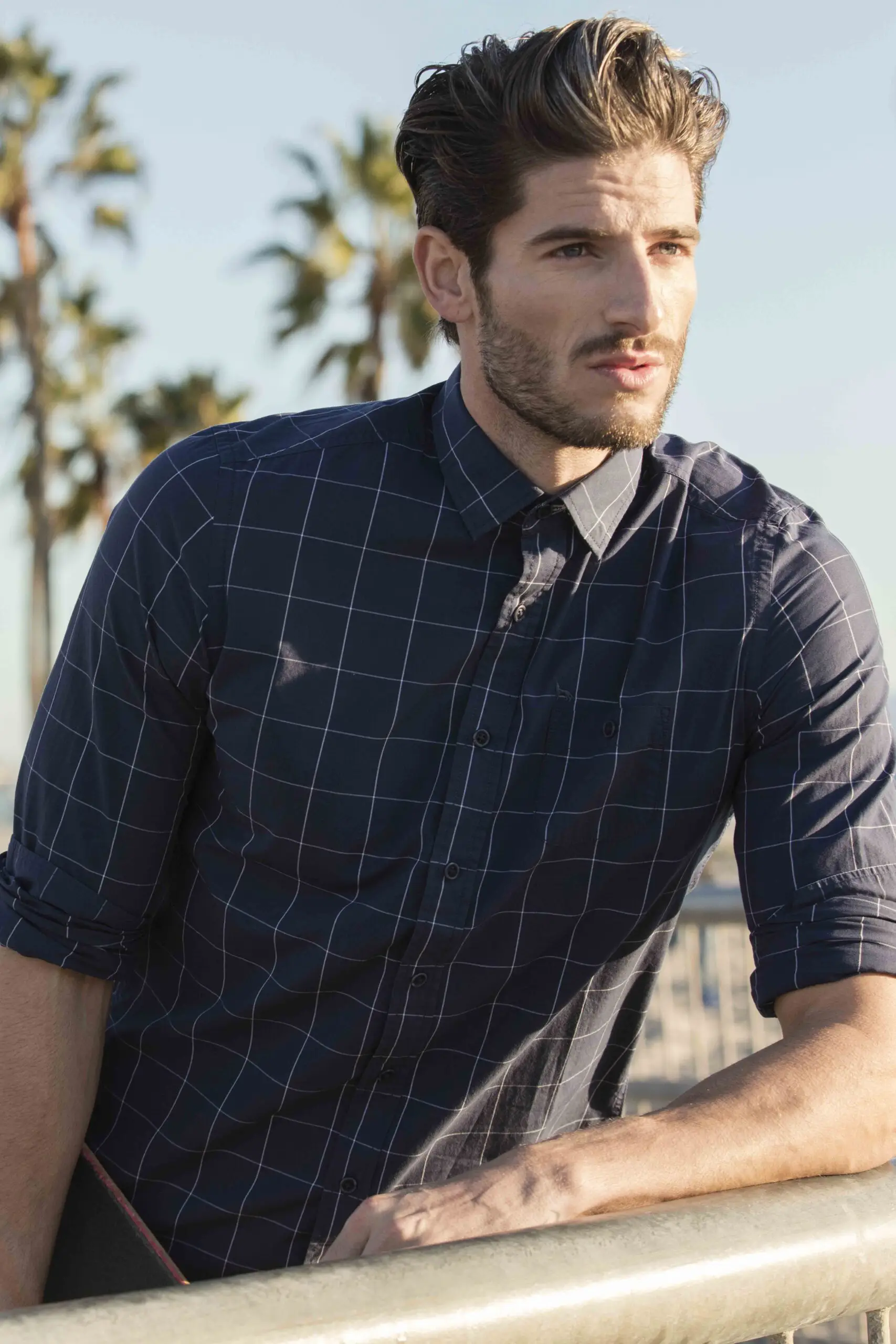 Man with styled brown hair and light beard wearing a navy blue checkered shirt leaning on a railing with palm trees and clear sky in the background.