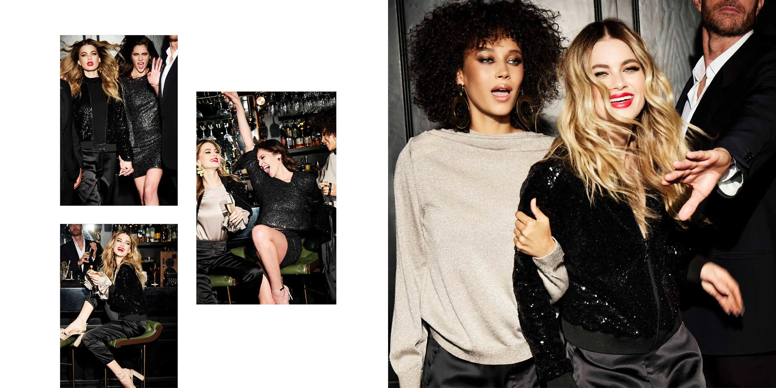 Four women dressed in stylish black and shimmering outfits enjoying a lively night out, dancing and celebrating at a bar.