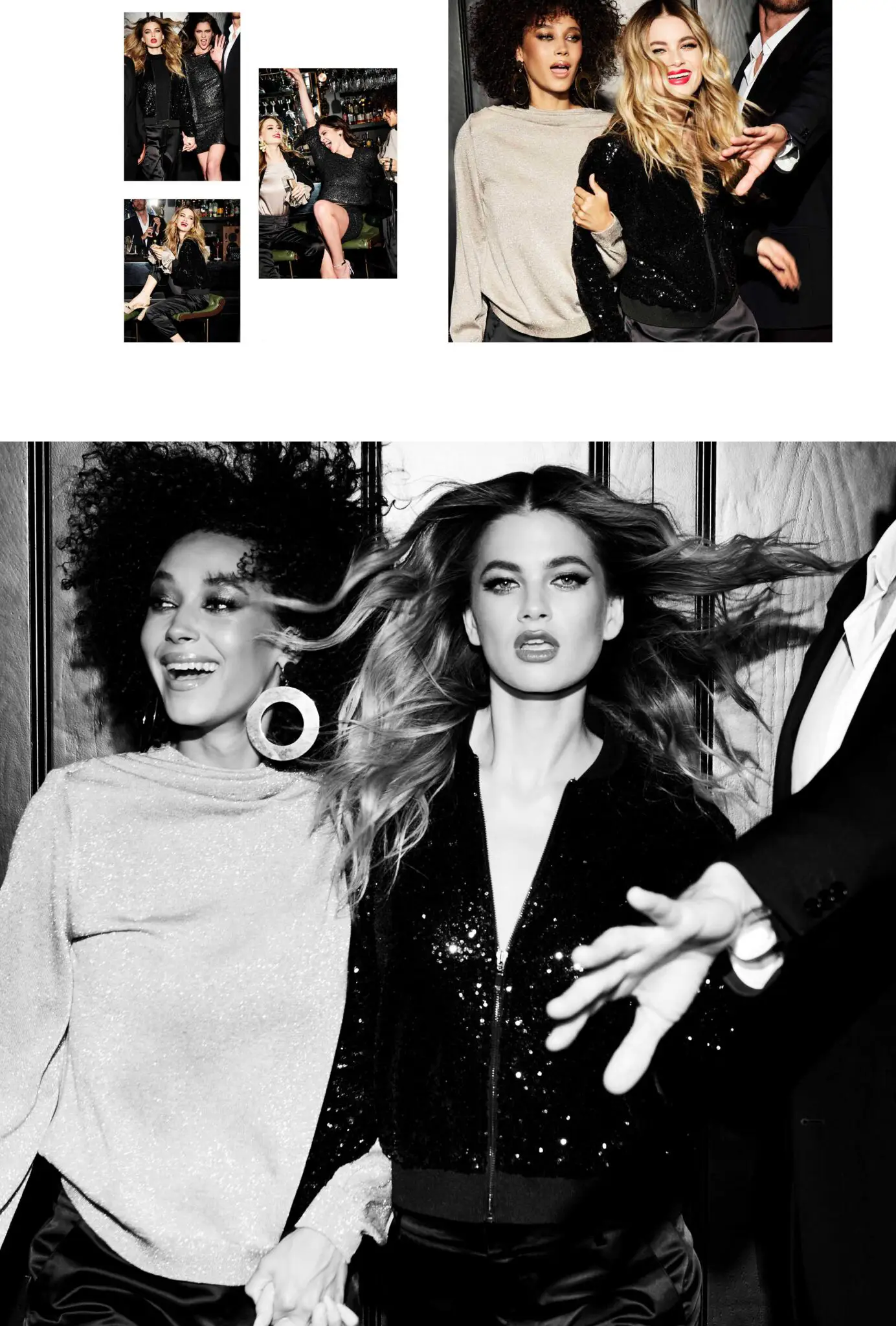 Black and white photo of two fashionable women smiling and holding hands, with one man partially visible beside them.