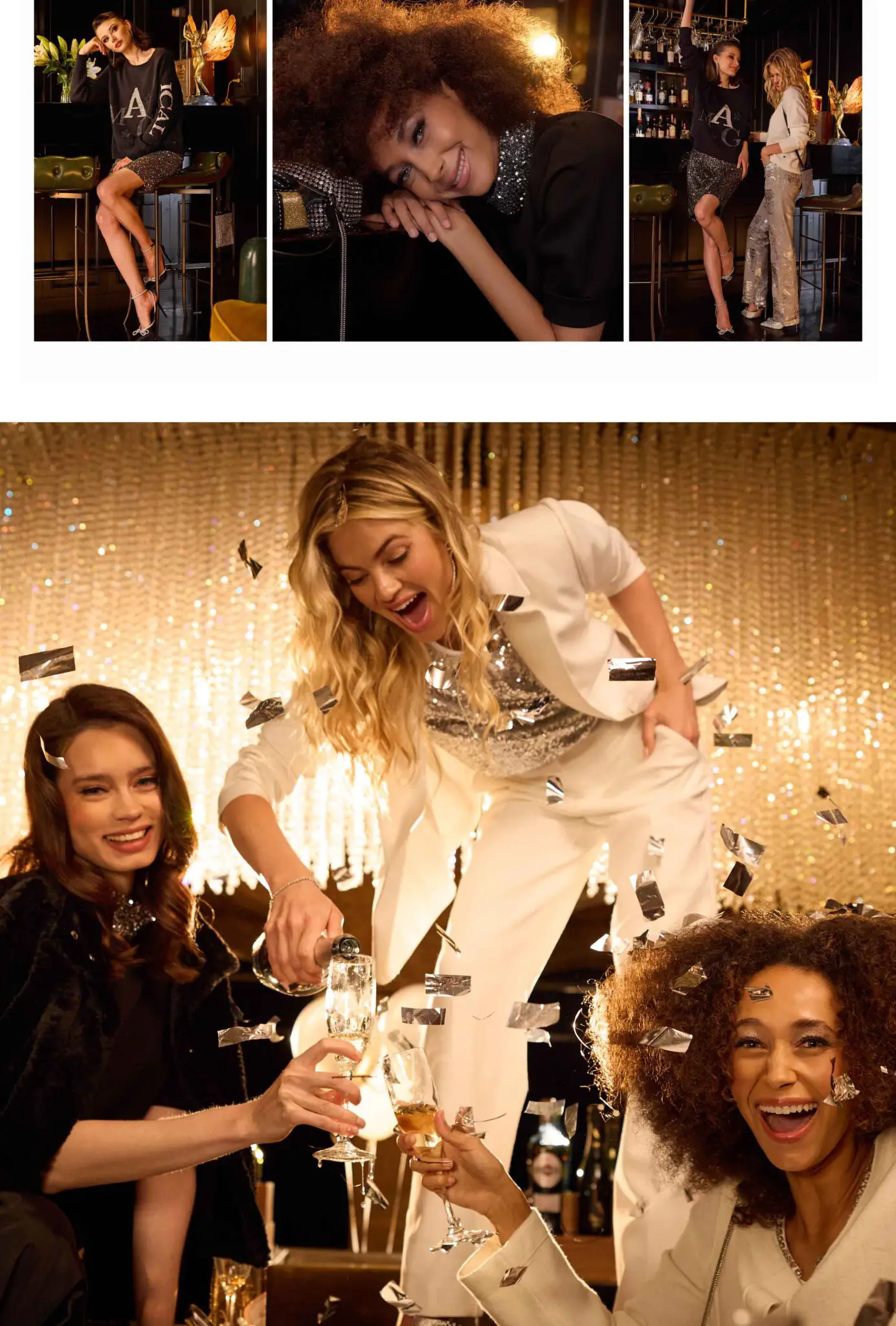 Three women in stylish outfits celebrating with champagne and silver confetti under warm lighting.