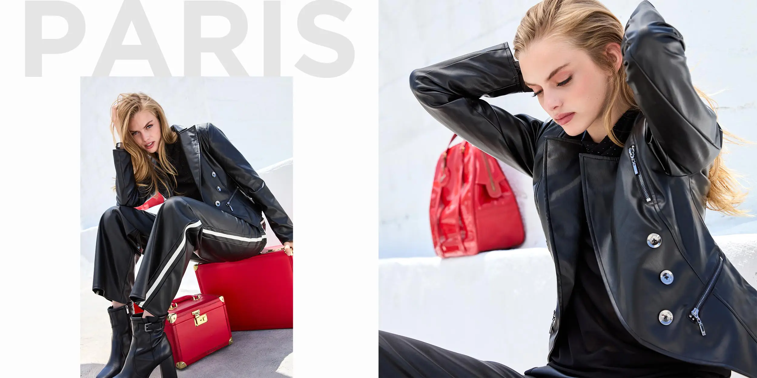 Fashion model in black leather jacket and pants sitting on and near red suitcases against a white background.