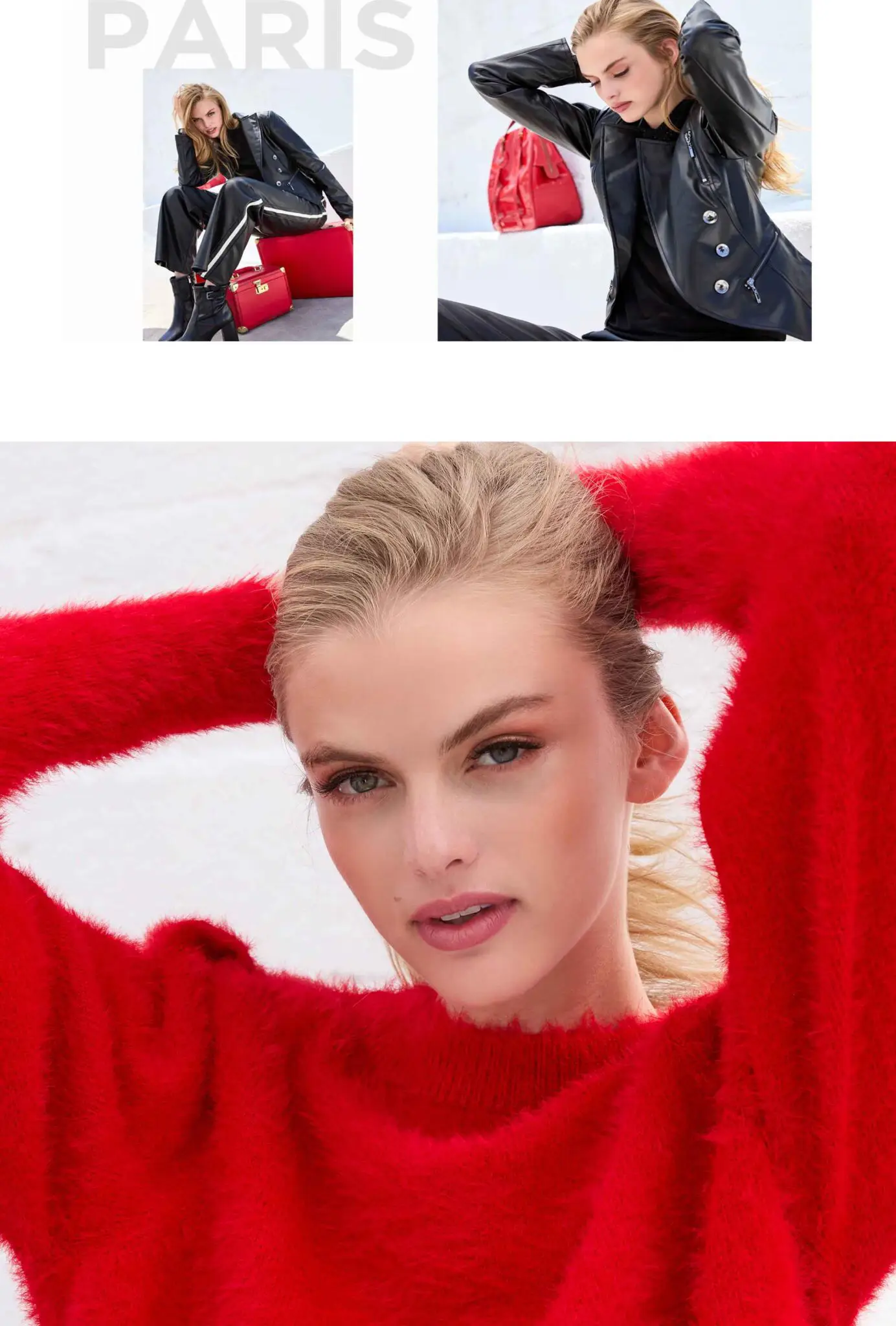 Blonde woman wearing a bright red fuzzy sweater posing with hands behind her head.