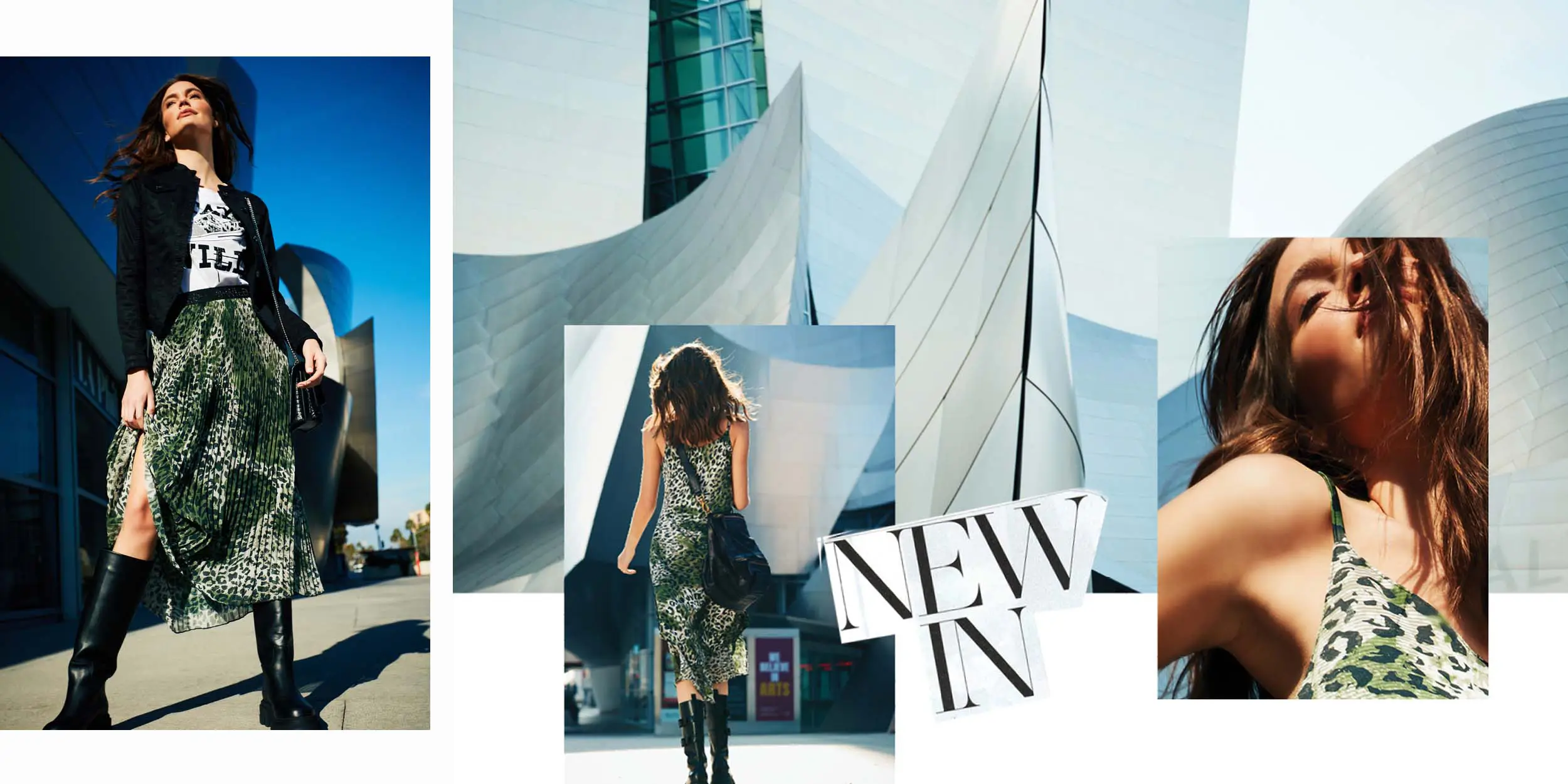 Woman modeling a green leopard-print dress and black boots in front of modern architectural buildings with bright blue sky.