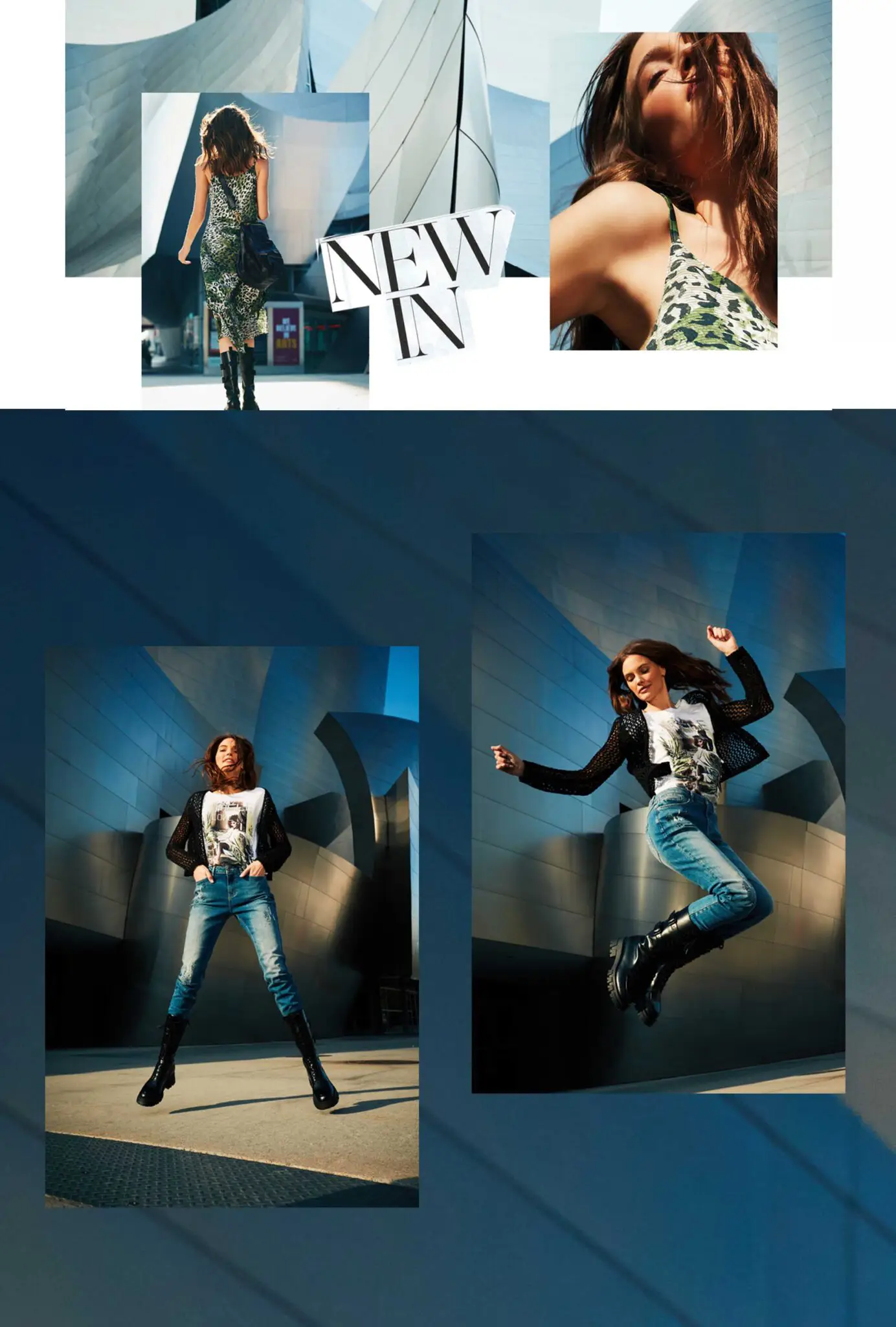 Fashion collage featuring a woman in a green leopard-print dress walking away, a close-up of her smiling in the dress, and two images of a woman in jeans, black boots, and a mesh black jacket posing and jumping in front of a modern metallic building.