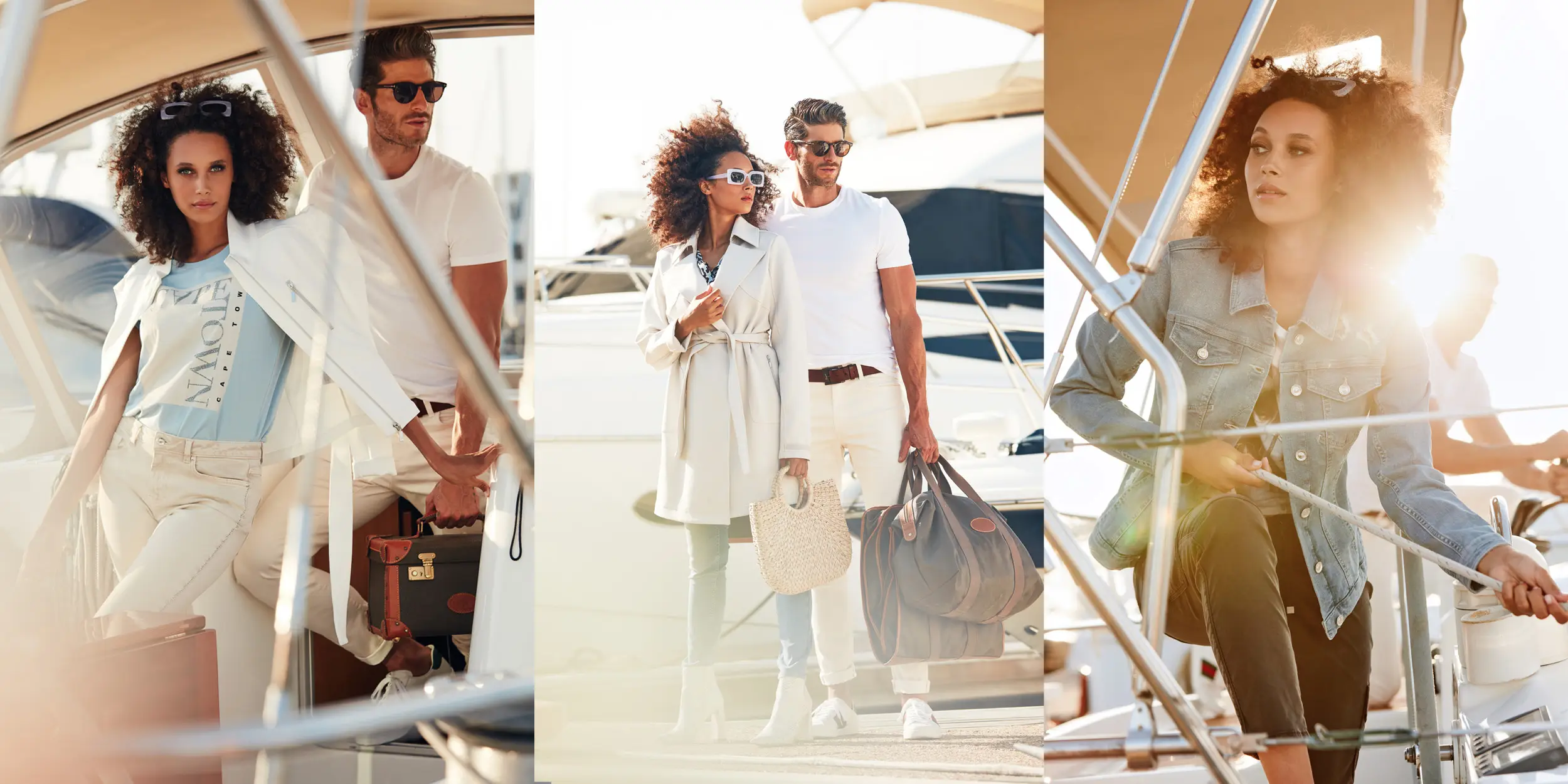 Stylish man and woman on a yacht dressed in white and neutral tones, posing and sailing in bright sunlight.