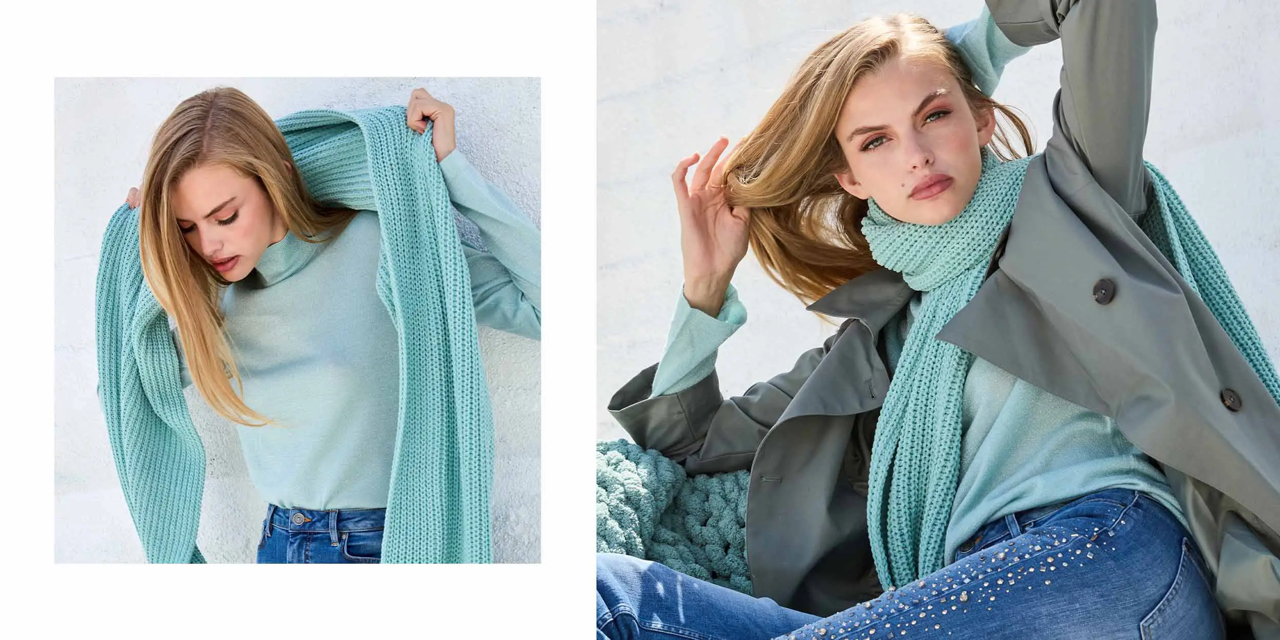 Two images of a woman with long blonde hair wearing a light blue sweater and matching knitted scarf; in one image she pulls the scarf over her shoulders, in the other she poses seated in a gray coat and embellished blue jeans.