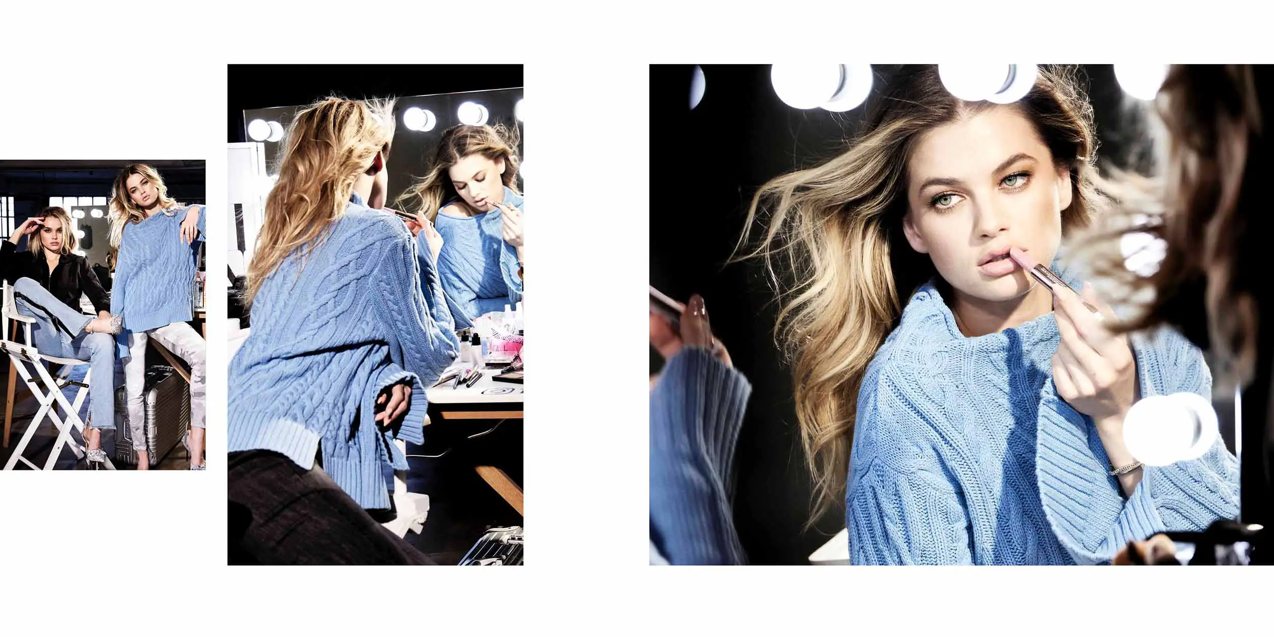 Two women in a backstage dressing room; one wears a black blazer and jeans sitting on a director's chair, the other wears a blue cable knit sweater and white pants leaning on a table with makeup products, and a close-up of the woman in the blue sweater applying lipstick in front of a lighted mirror.