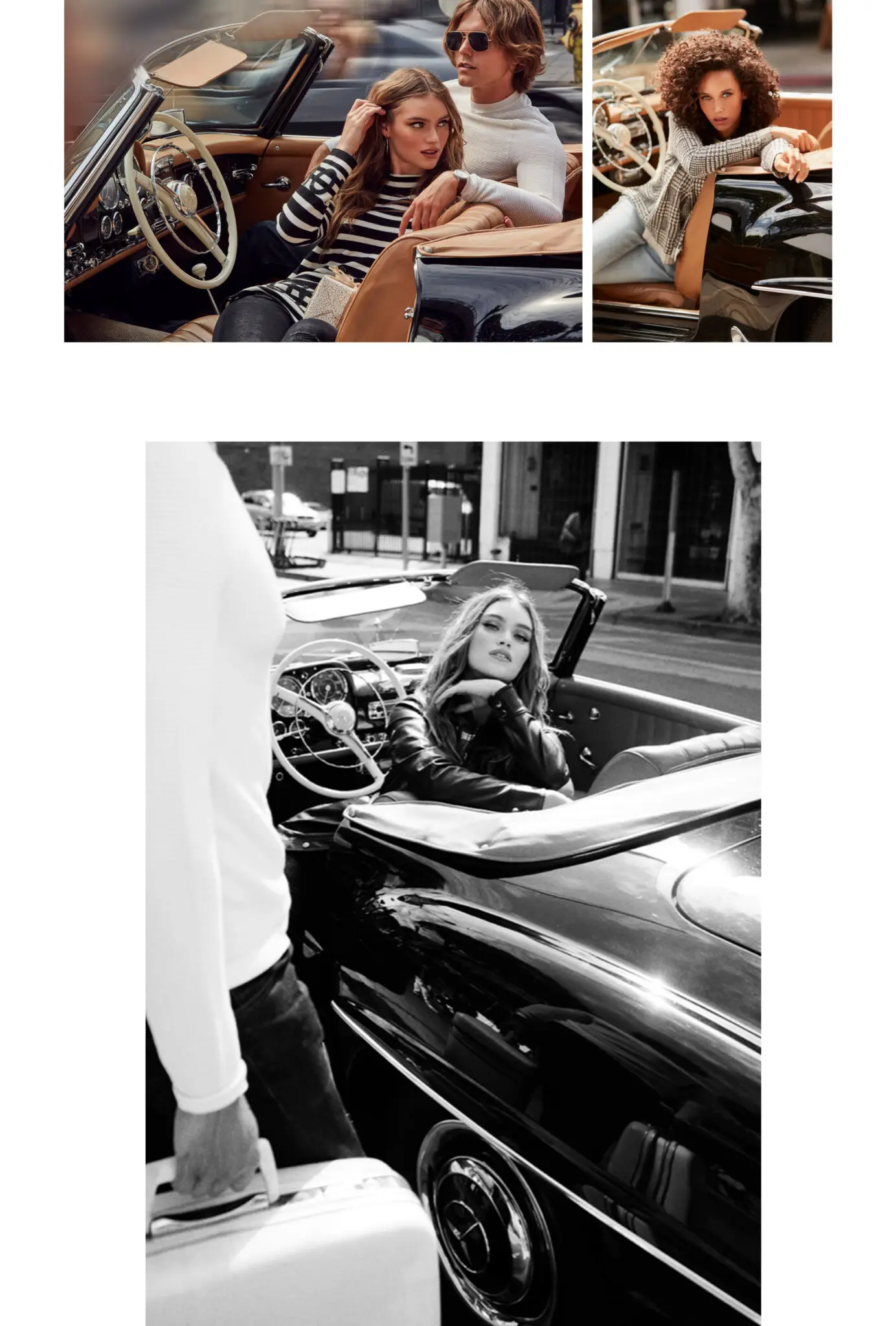 Collage of fashion models posing with a vintage black Mercedes convertible car in stylish urban settings.