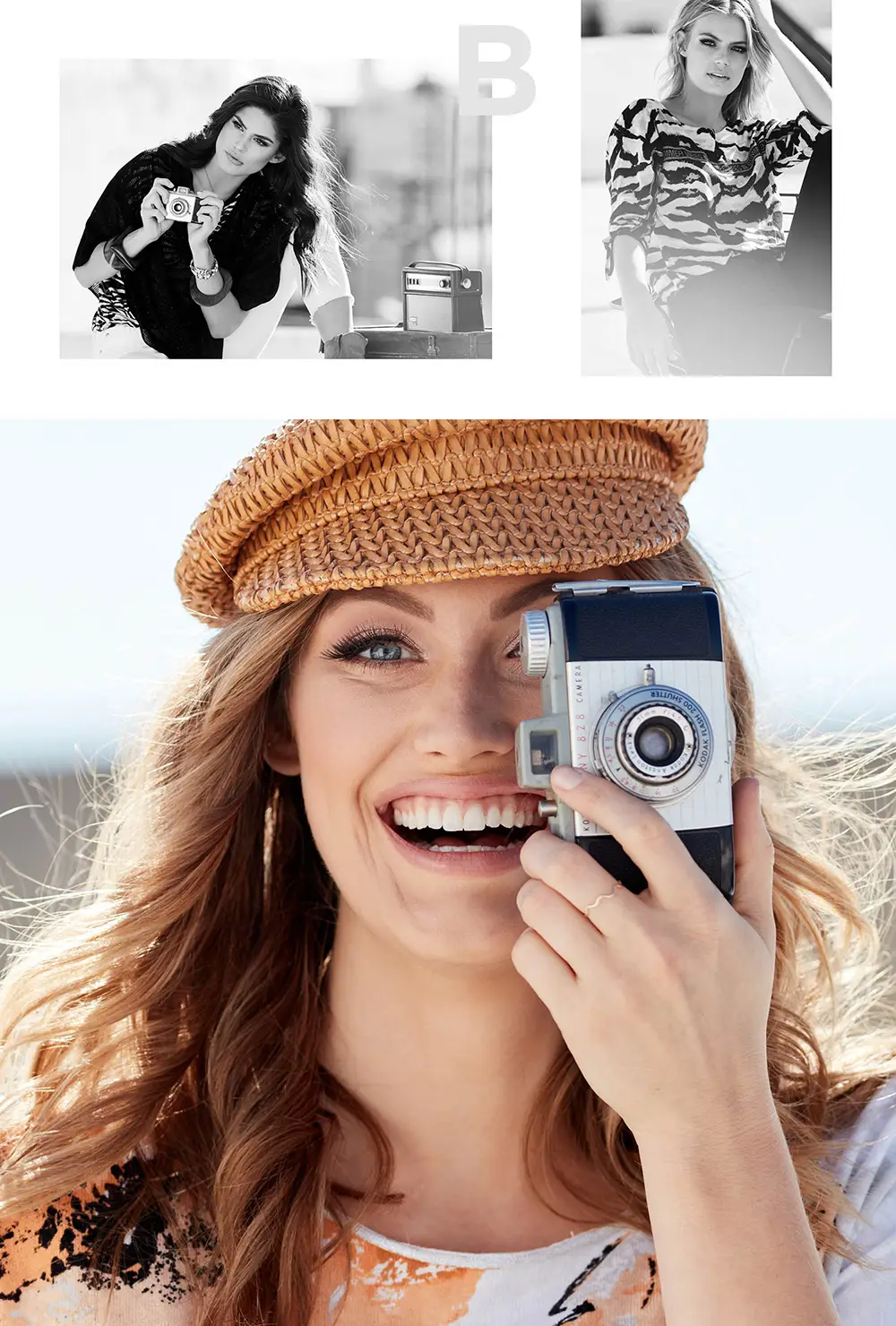 Smiling woman with wavy hair wearing a woven hat holds a vintage camera up to her eye outdoors.