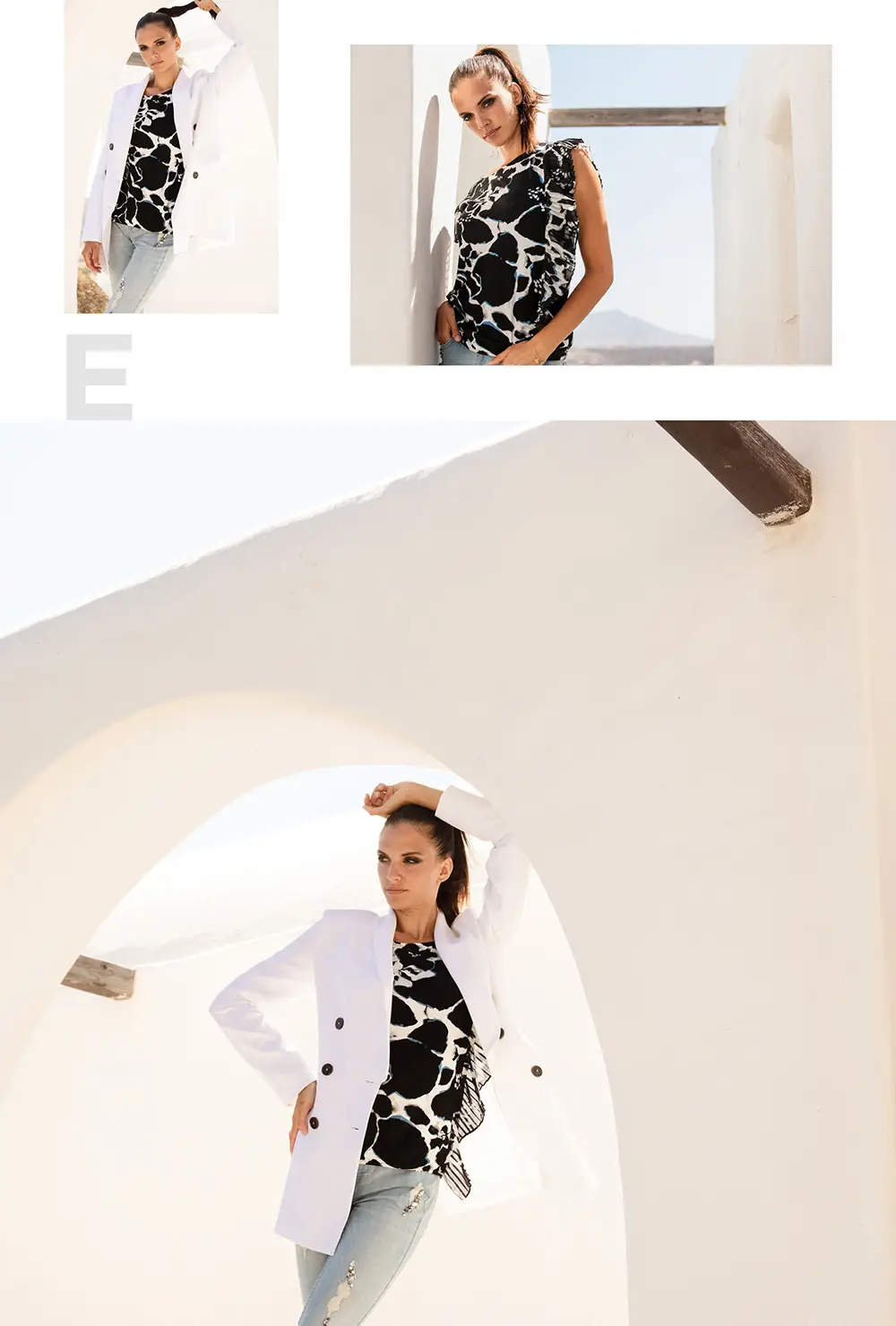 Model wearing a black and white patterned top with a white blazer and light ripped jeans, posing under a white archway in bright sunlight.