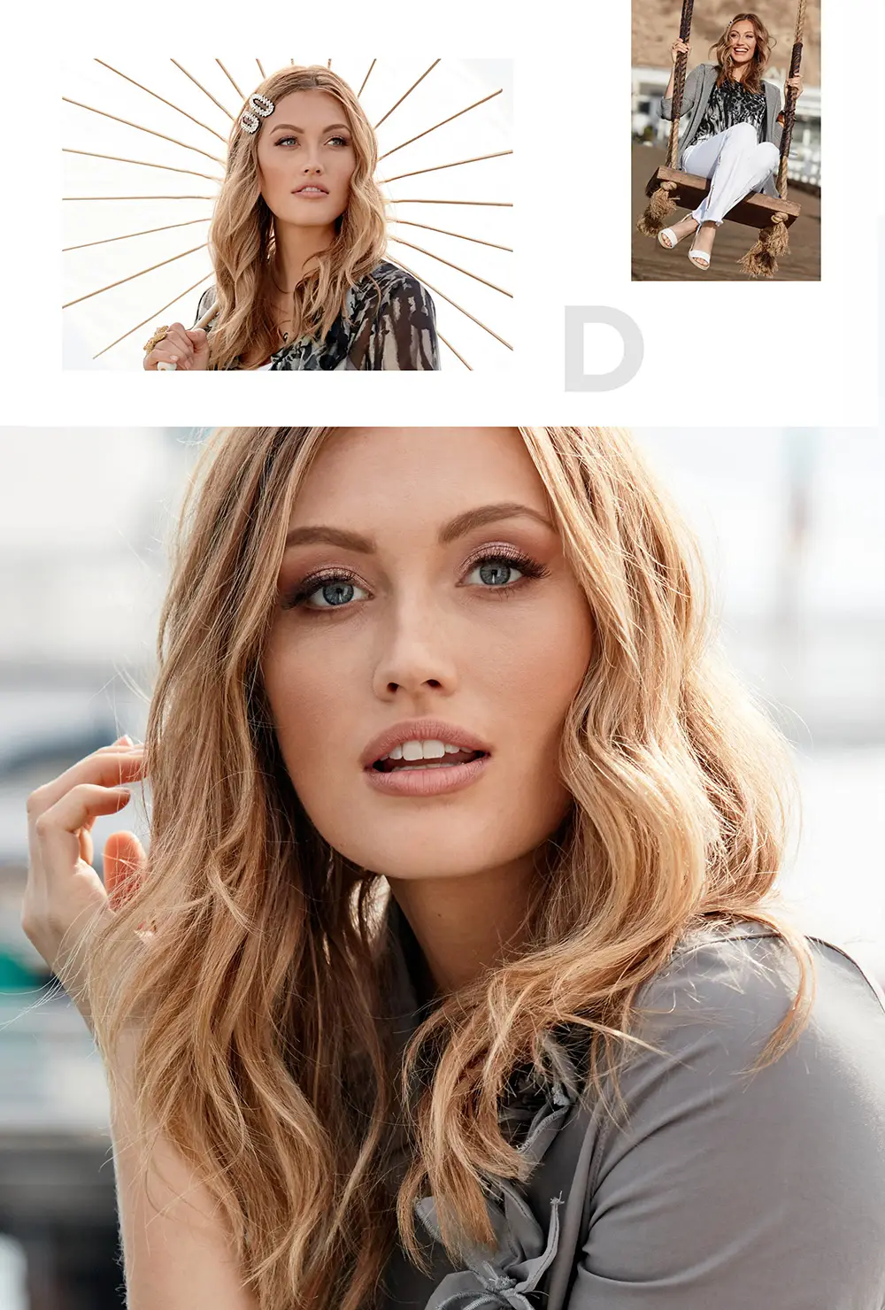Portrait of a blonde woman with wavy hair and blue eyes wearing a gray top with a floral detail.