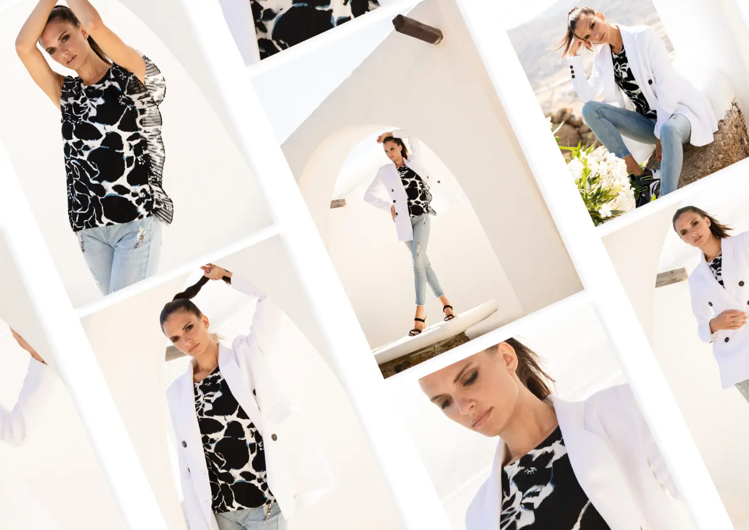 Fashion collage featuring a woman in a black and white floral top, light blue jeans, and a white blazer posing outdoors in bright sunlight.