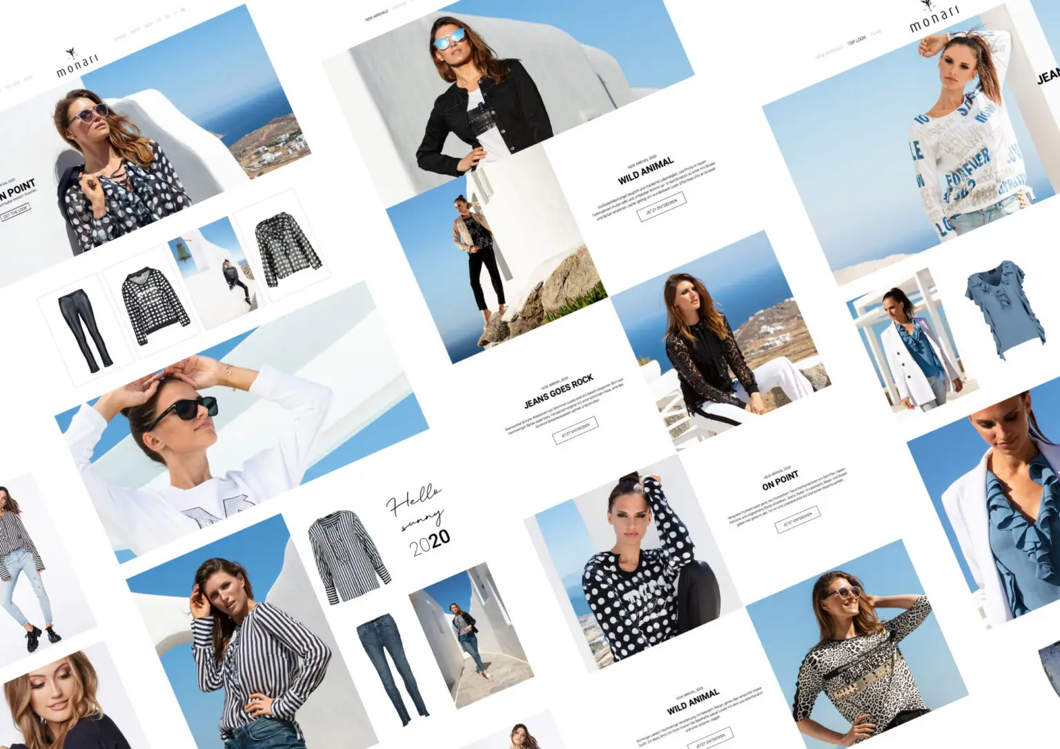 Collage of women modeling various casual and stylish outfits including dresses, blouses, jackets, and jeans against outdoor sunny backgrounds.