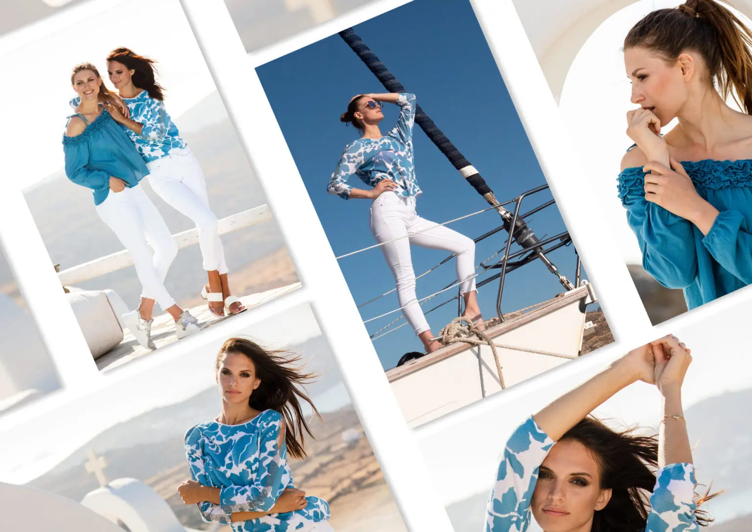 Collage of women modeling blue and white patterned tops and white pants in outdoor sunny settings, including on a boat and a landscape with hills and a church.