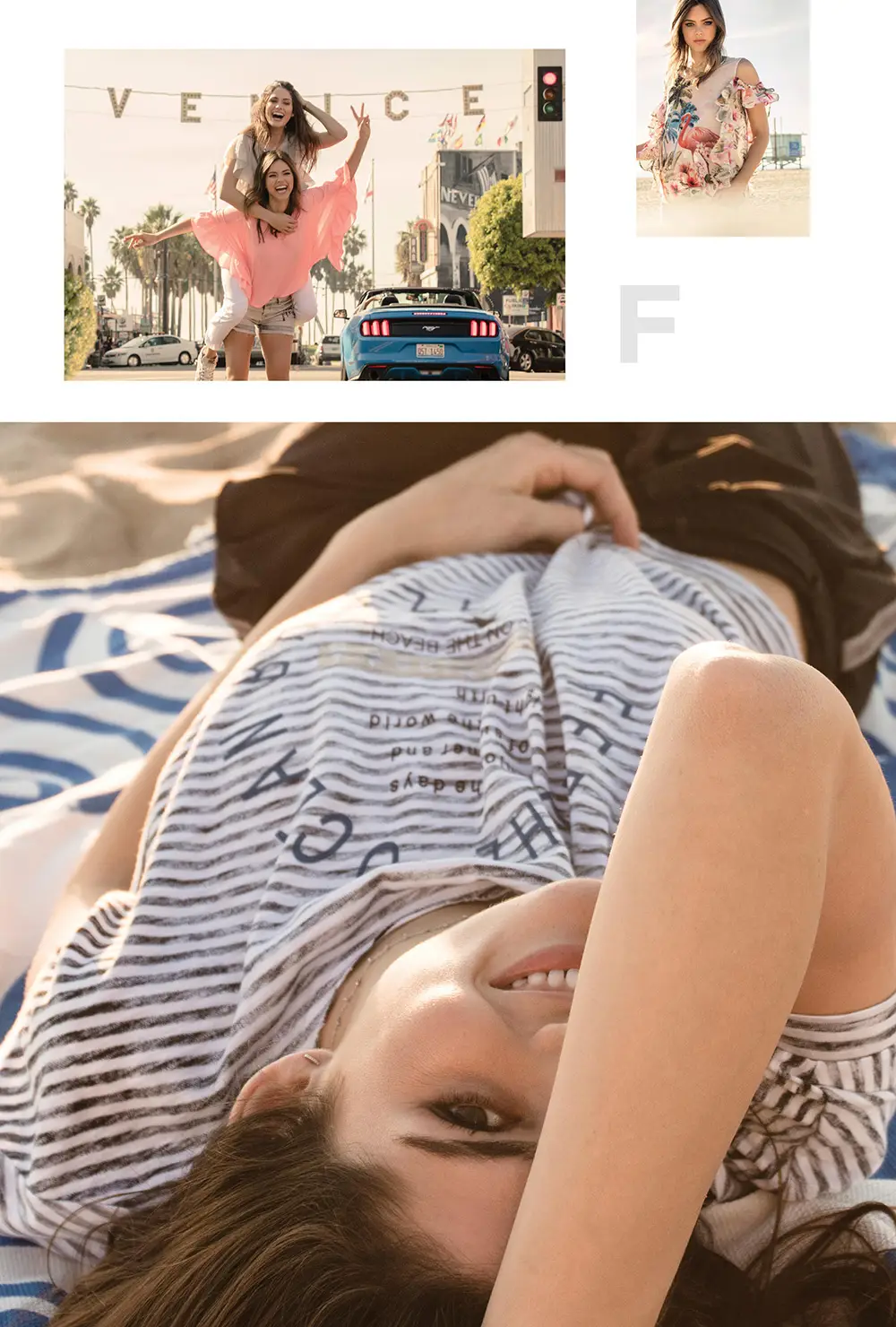 Young woman lying on a beach towel smiling with her arm partially covering her face.