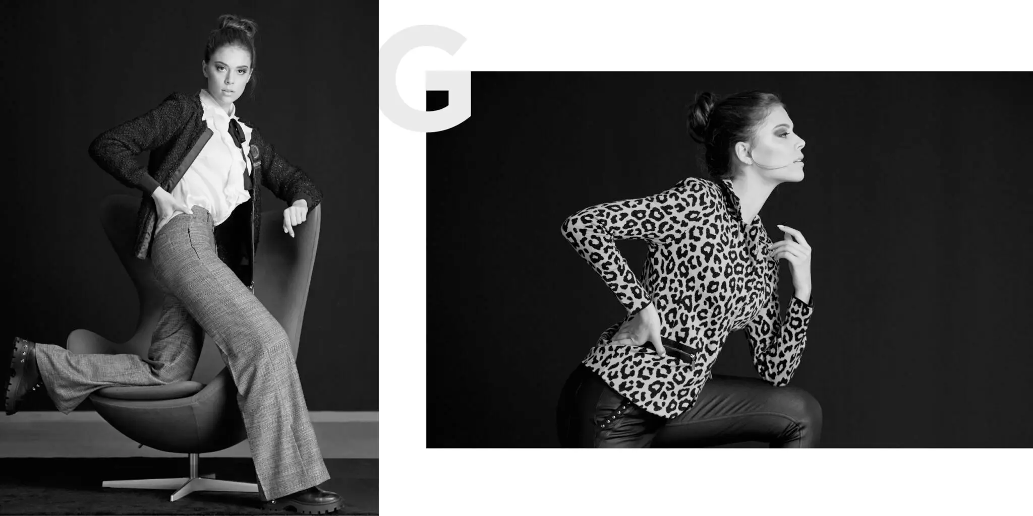 Black and white photo of two women posing fashionably against dark backgrounds; one seated sideways on a modern chair wearing a jacket and flared pants, the other kneeling wearing a leopard print jacket and leather pants.