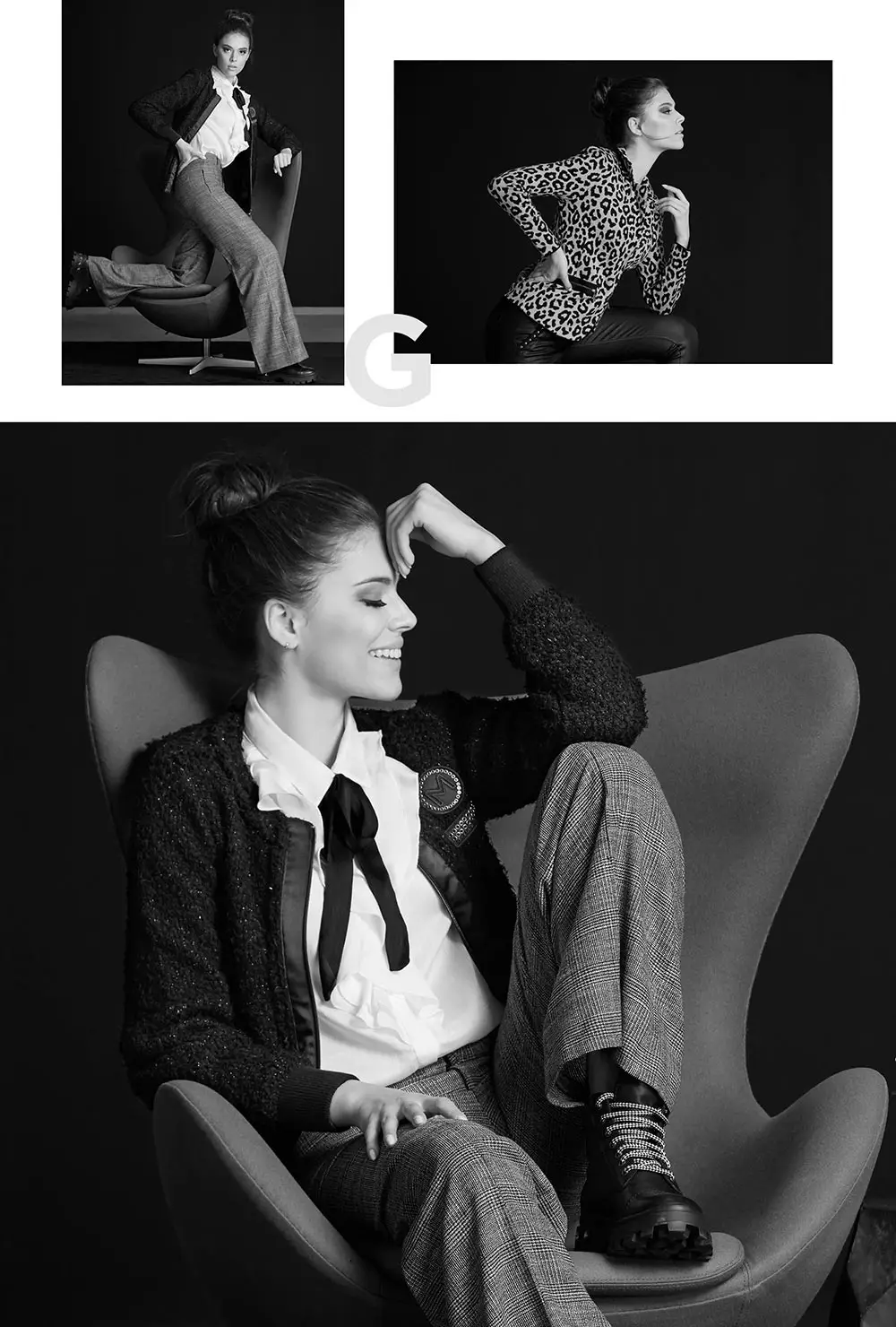 Three black and white portraits of a woman in stylish outfits posing confidently on and around a modern chair.