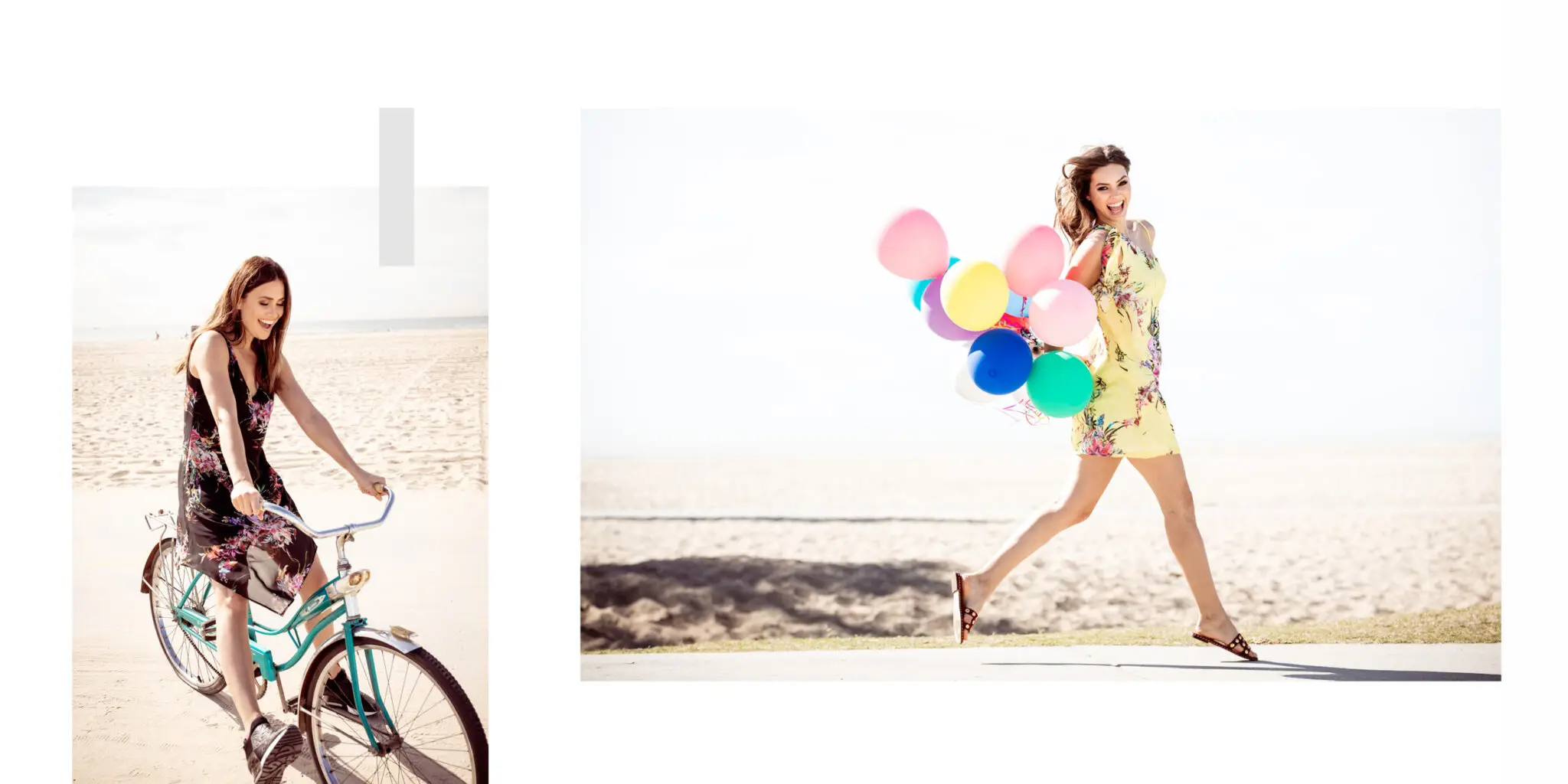 Two images of a young woman enjoying a sunny beach; one riding a teal bicycle in a black floral dress, the other running joyfully holding colorful balloons in a yellow floral dress.