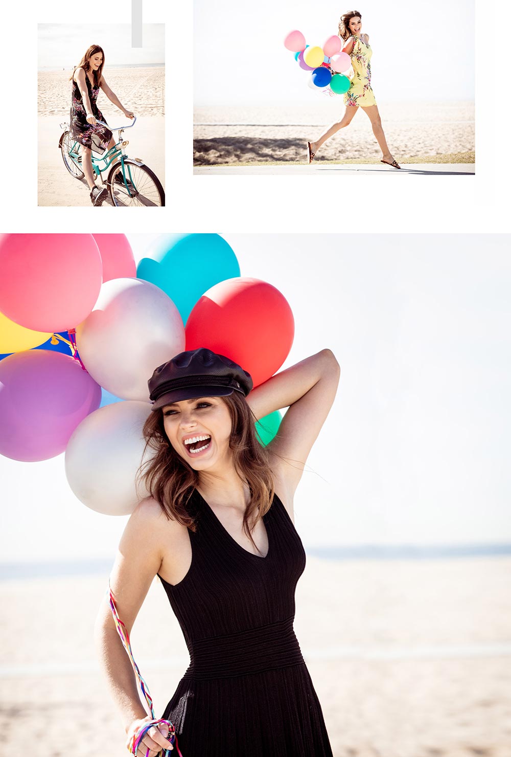 Collage of a woman enjoying a beach day: riding a bike, walking with balloons, and laughing holding colorful balloons.