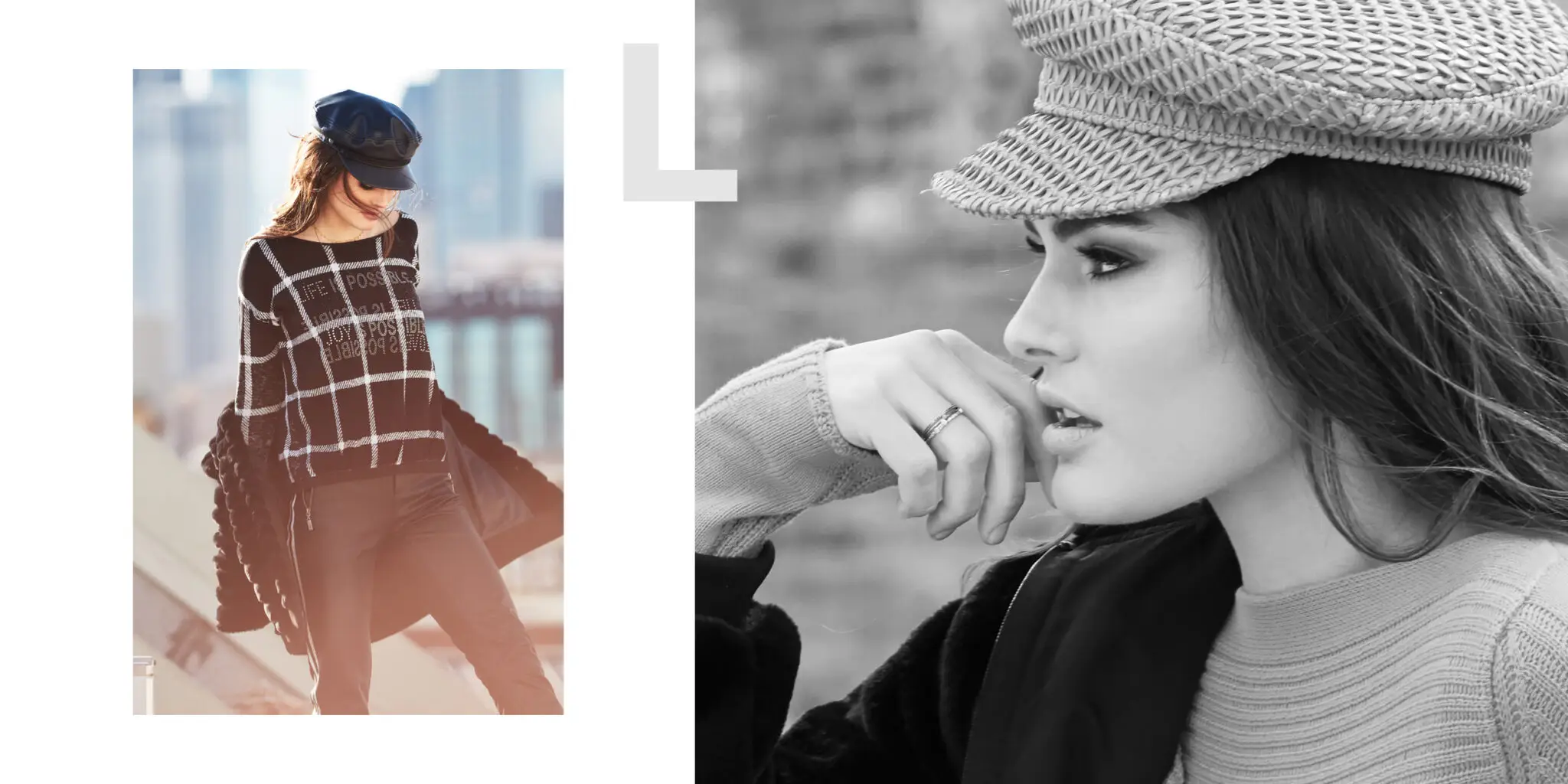 Two images of a woman wearing stylish hats and fashionable autumn outfits, one in color and one in black and white close-up.