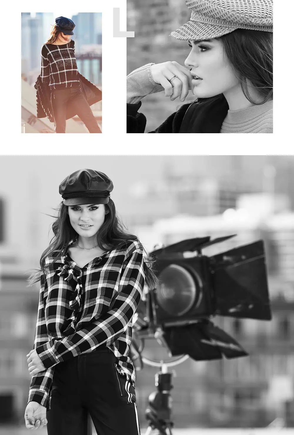 Collage of a woman wearing a black cap, plaid tops, and black pants posing outdoors in urban settings.