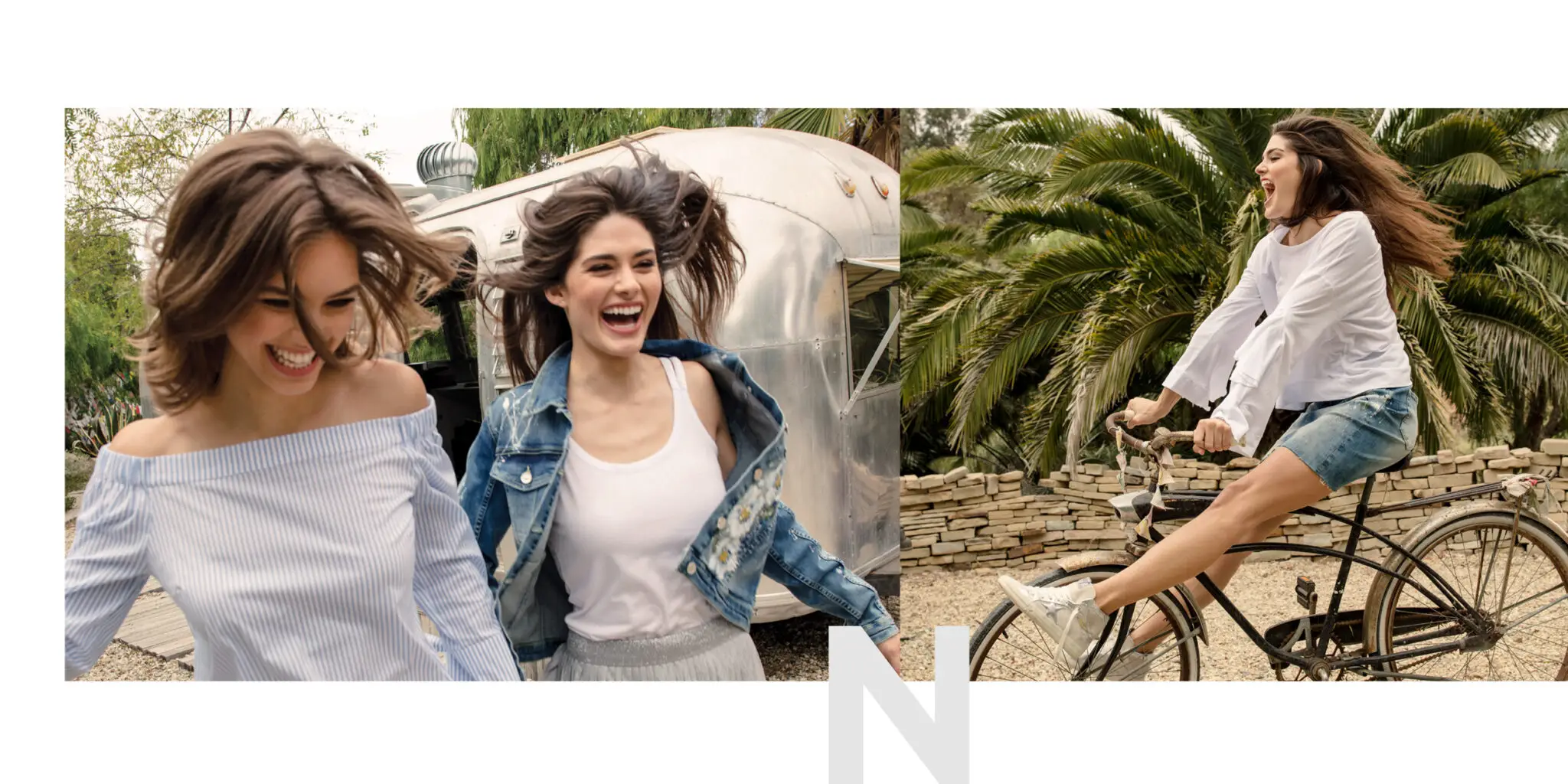 Two women laughing outdoors near a silver camper trailer and another woman joyfully riding a vintage bicycle with palm trees in the background.