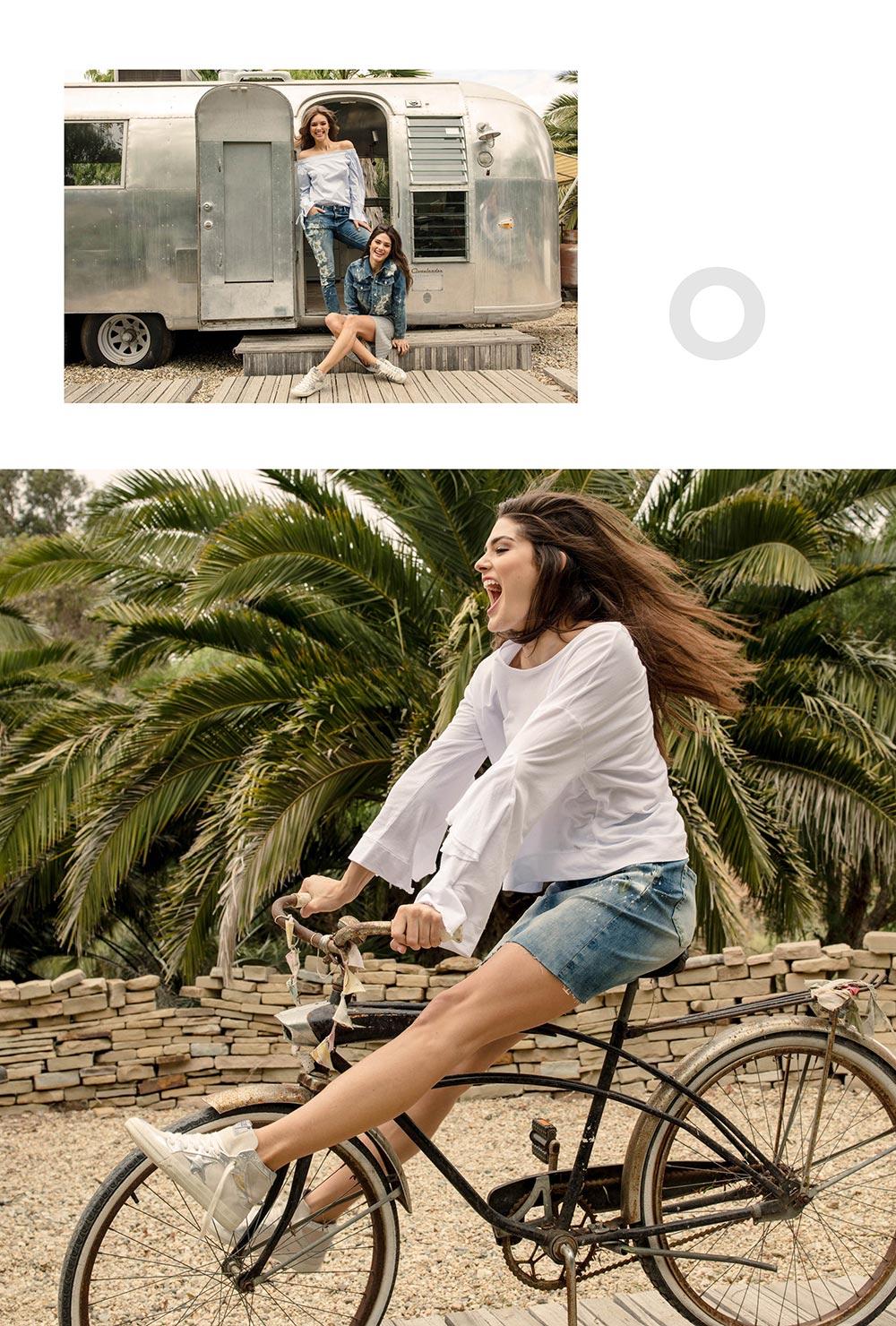 Top: Two women, one standing in a silver trailer doorway and one sitting on the steps outside, smiling; Bottom: A woman joyfully riding a vintage bicycle with palm trees and a stone wall in the background.