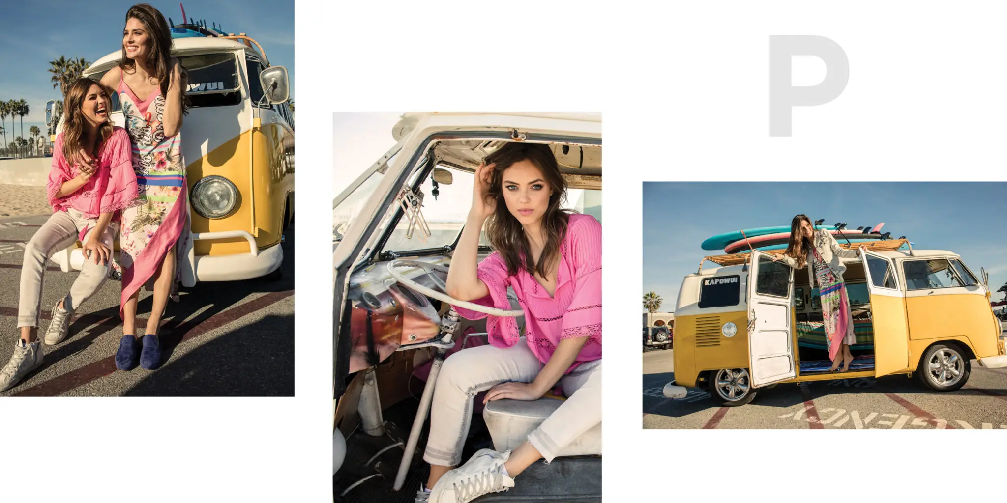 Two women near a vintage yellow and white van with surfboards; one sitting inside the van wearing a pink top and white pants, the other standing outside smiling and dressed in casual beachwear.