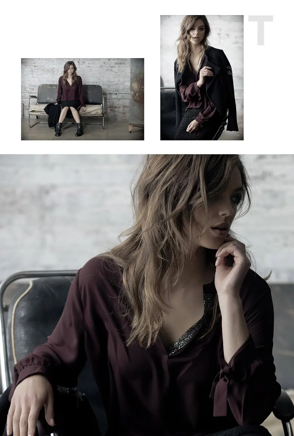 Collage of a woman with long wavy hair wearing a dark burgundy blouse and black skirt, sitting on a worn couch and posing in different contemplative and relaxed positions against a brick wall background.