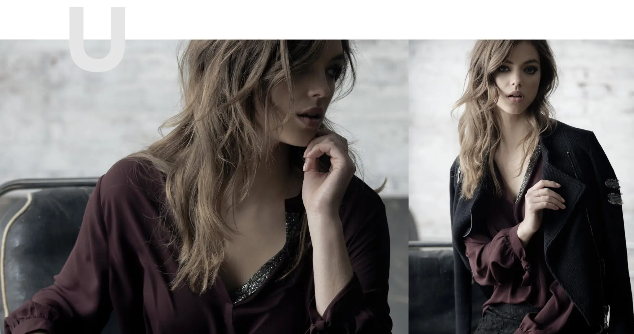 Two images of a woman with long wavy hair wearing a dark purple blouse; in the right image she also has a black jacket draped over her shoulders.