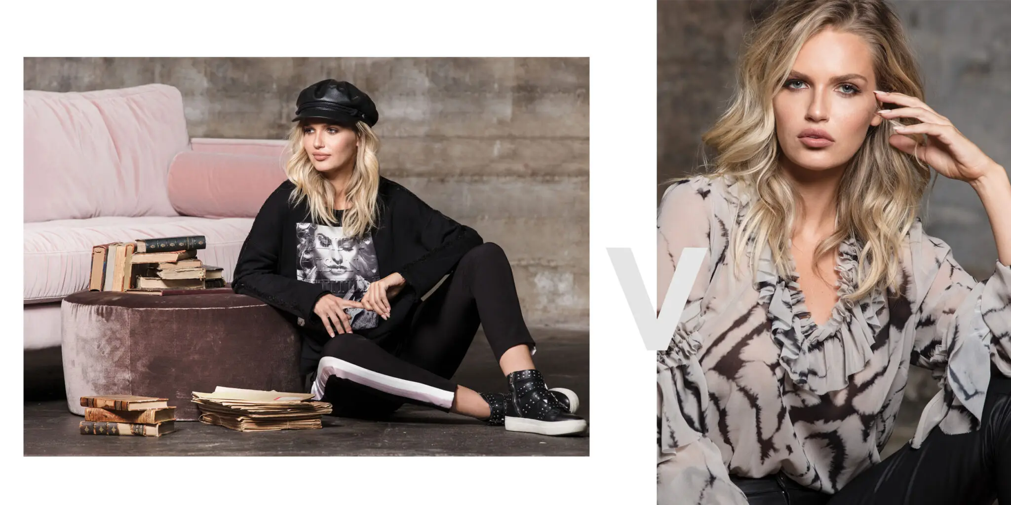 Two blonde women posing indoors; one sitting on the floor wearing a black outfit with a graphic sweatshirt and cap, the other leaning on her hand wearing a ruffled tie-dye blouse.