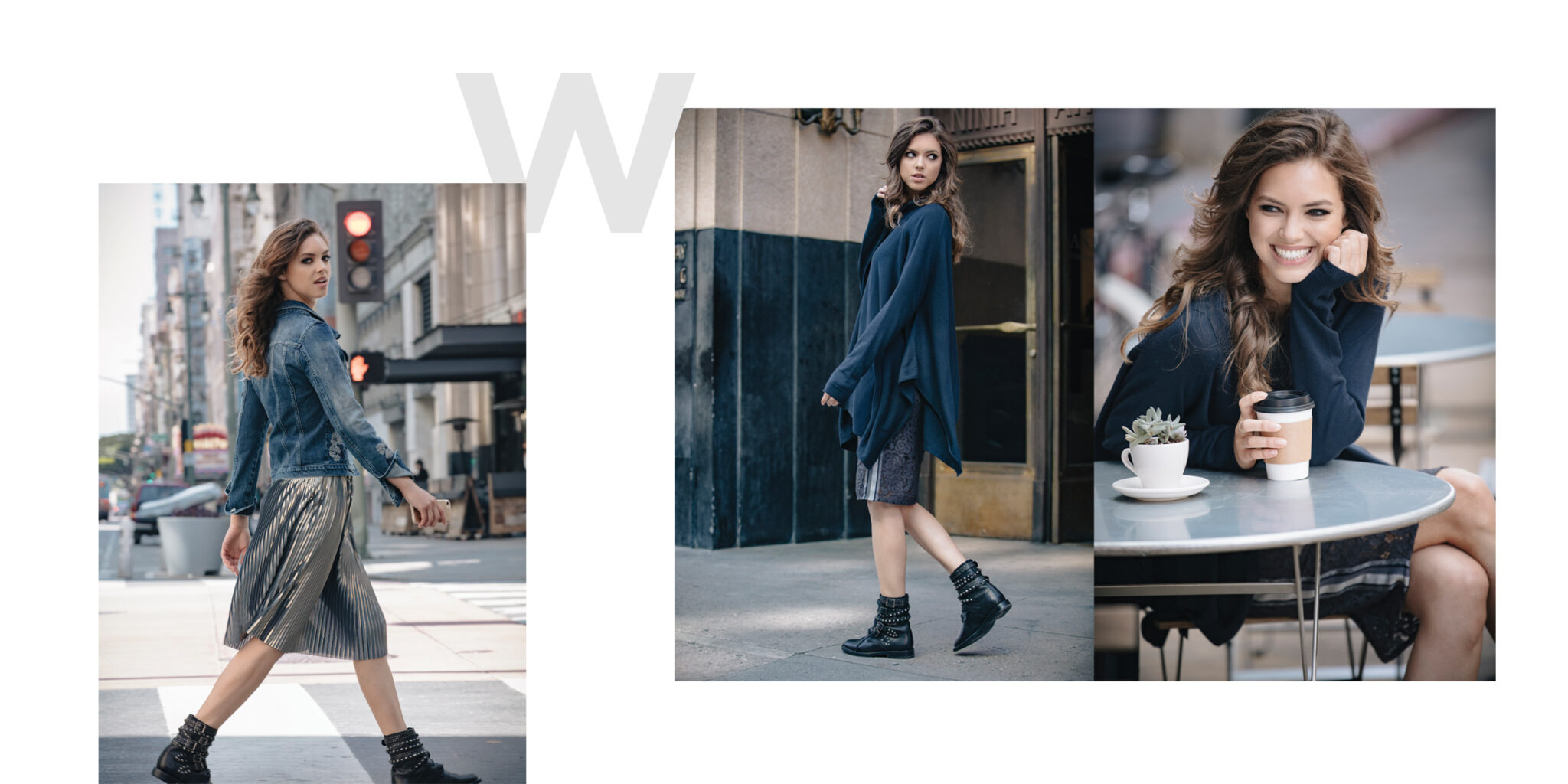 Collage of a young woman with long curly hair wearing a denim jacket and metallic pleated skirt walking in a city, standing near a door in a blue oversized sweater with black boots, and smiling while sitting at an outdoor cafe table holding a coffee cup.