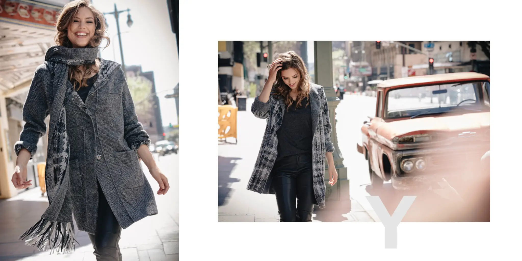Smiling woman wearing a gray coat and scarf walking outdoors; another image shows her in a patterned coat near a vintage red truck.