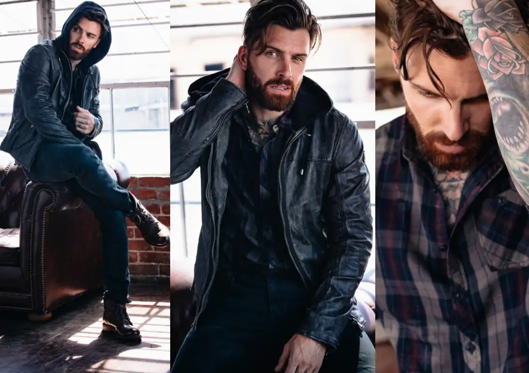 Collage of a bearded man with tattoos wearing a black leather jacket and plaid shirt in different poses indoors.