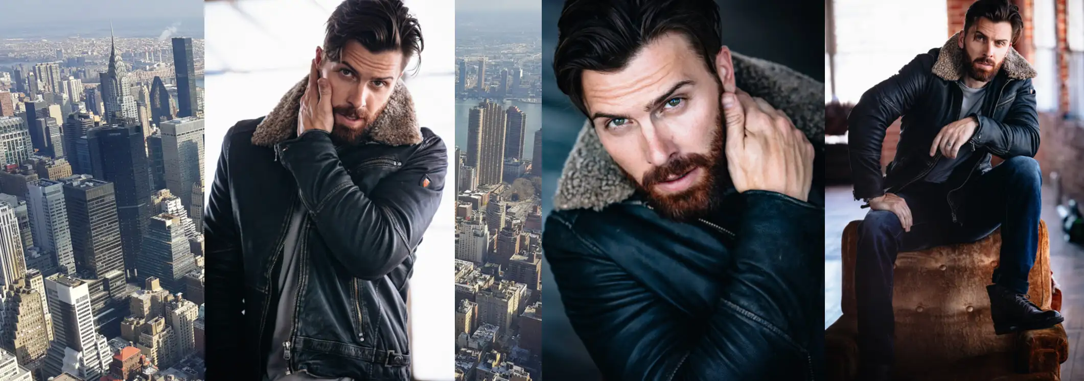 Collage with New York City skyline and a bearded man in a black leather jacket with a shearling collar posing indoors.