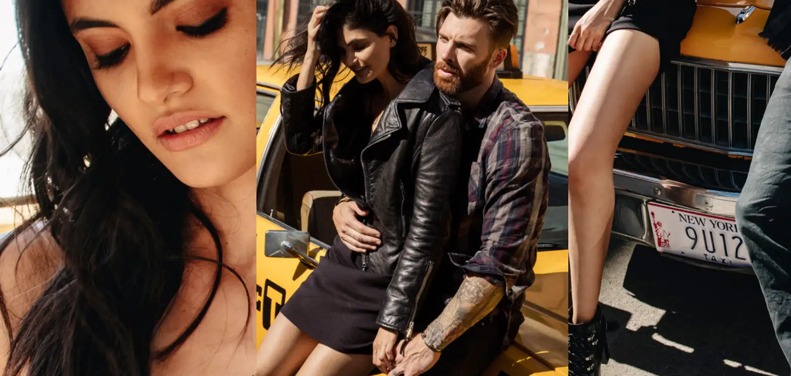 Young woman in a black leather jacket sitting on a yellow taxi with a man embracing her from behind.