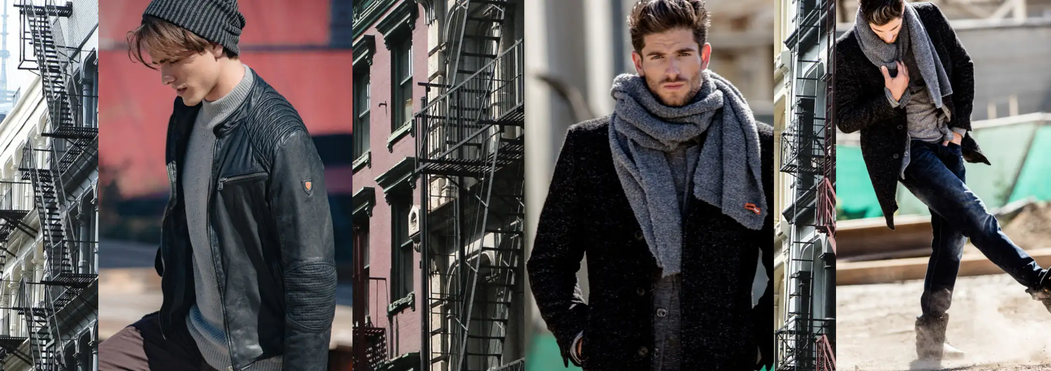Two men wearing stylish winter outerwear and scarves in an urban setting with fire escapes.