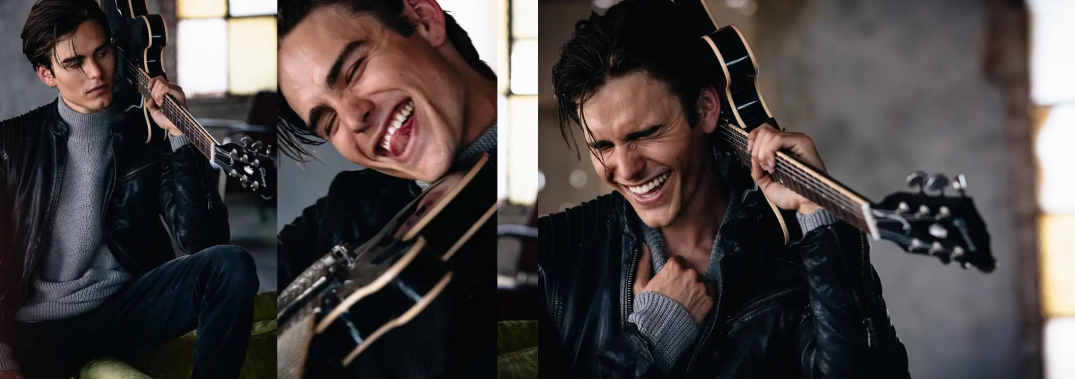 Young man in a leather jacket holding a black electric guitar, showing thoughtful and joyful expressions in three close-up shots.