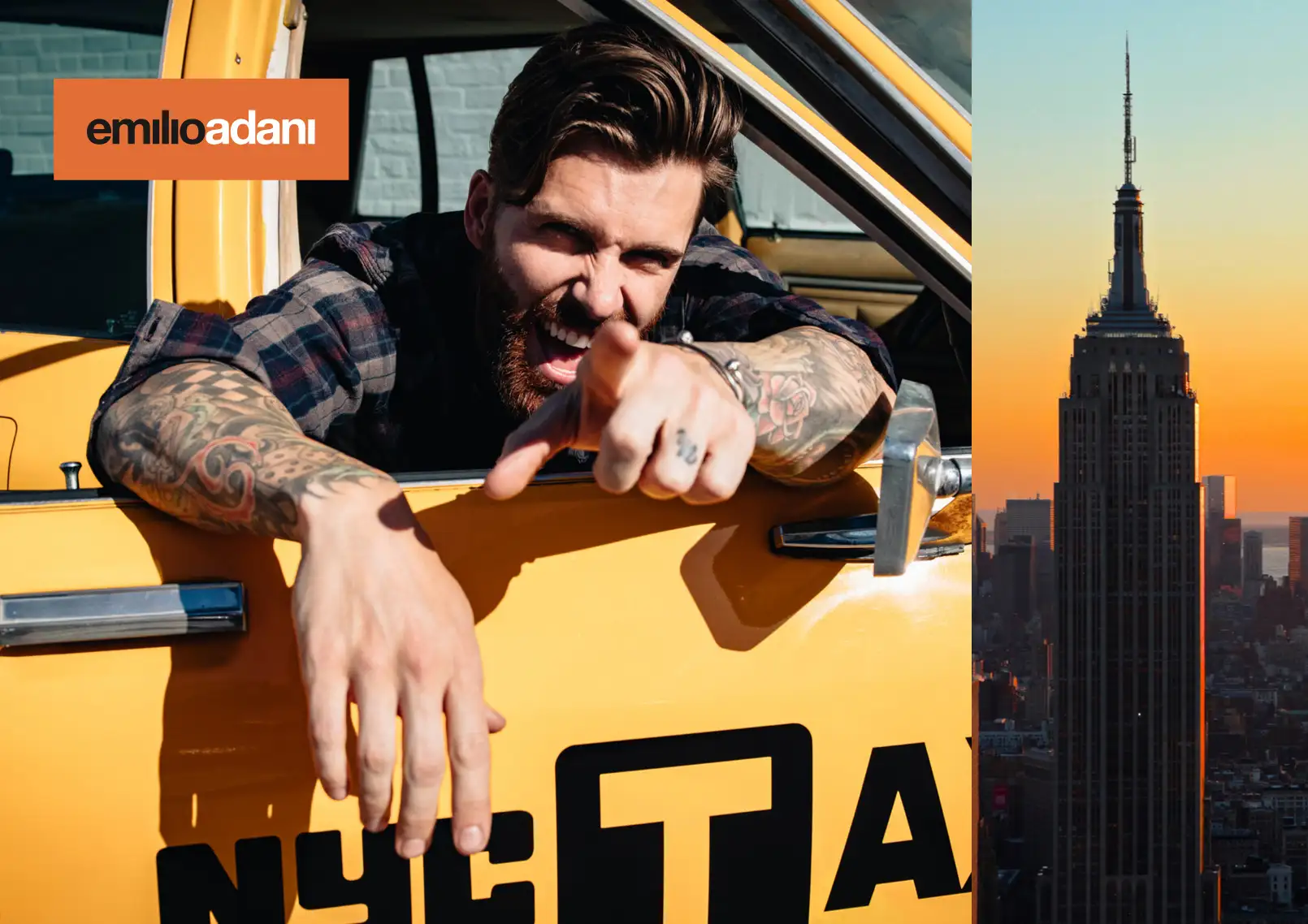 Tattooed man leaning out of a yellow taxi and pointing with a playful expression, with the Empire State Building at sunset in the background.