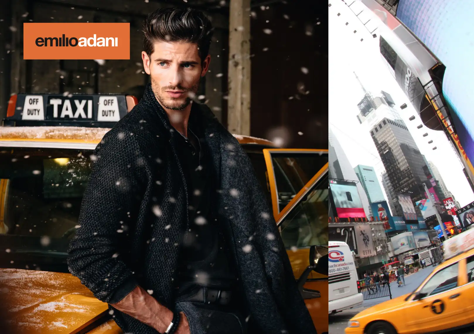 Man wearing a black jacket standing beside a snow-dusted yellow taxi with an off duty sign, with a busy city street and skyscrapers in the background.
