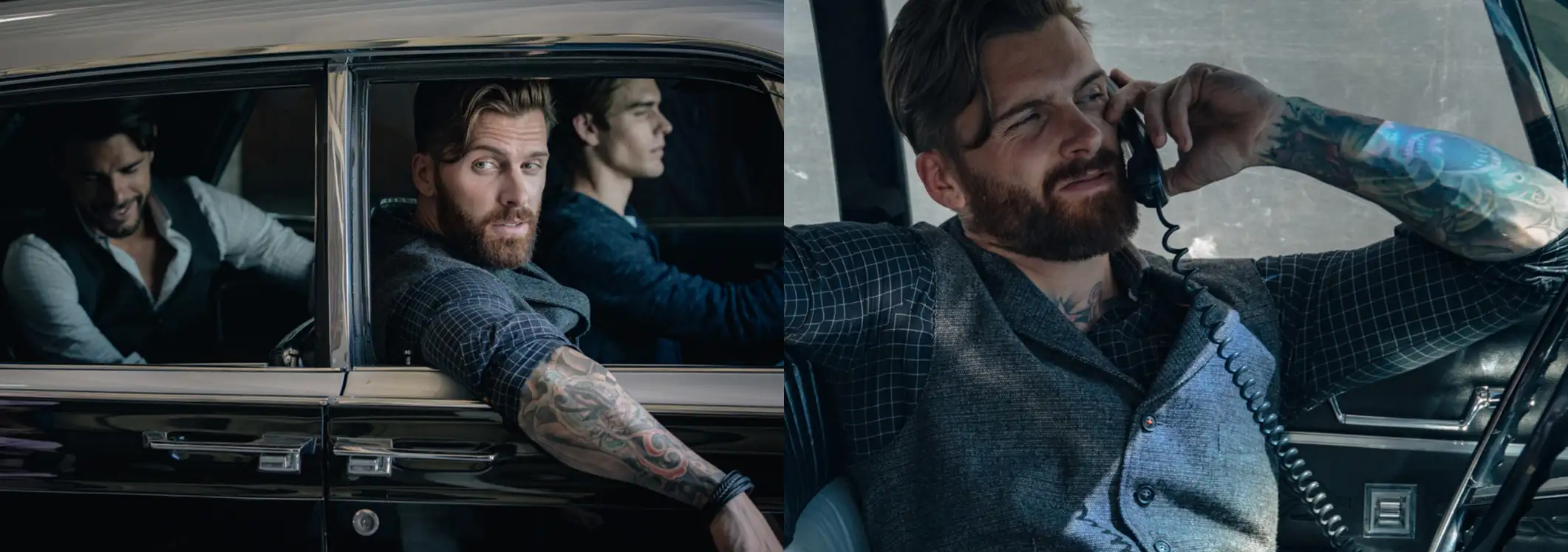 Bearded man with tattoos wearing a vest speaking on a car phone, another man driving and a third man in the back seat.