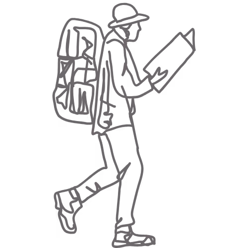 Line drawing of a person hiking with a backpack and reading a map.
