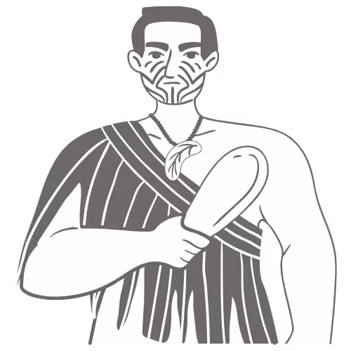 Illustration of a Maori man with traditional facial tattoos wearing a striped cloak and holding a ceremonial club.