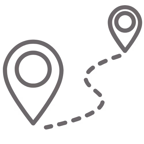 Two location pins connected by a dashed curved line indicating a route or path.