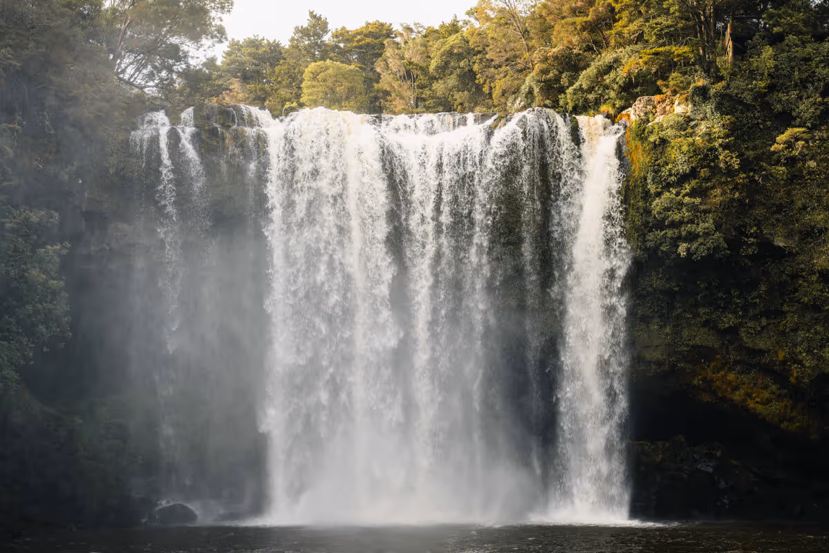 Wide waterfall cascading down a rocky cliff surrounded by dense green forest.